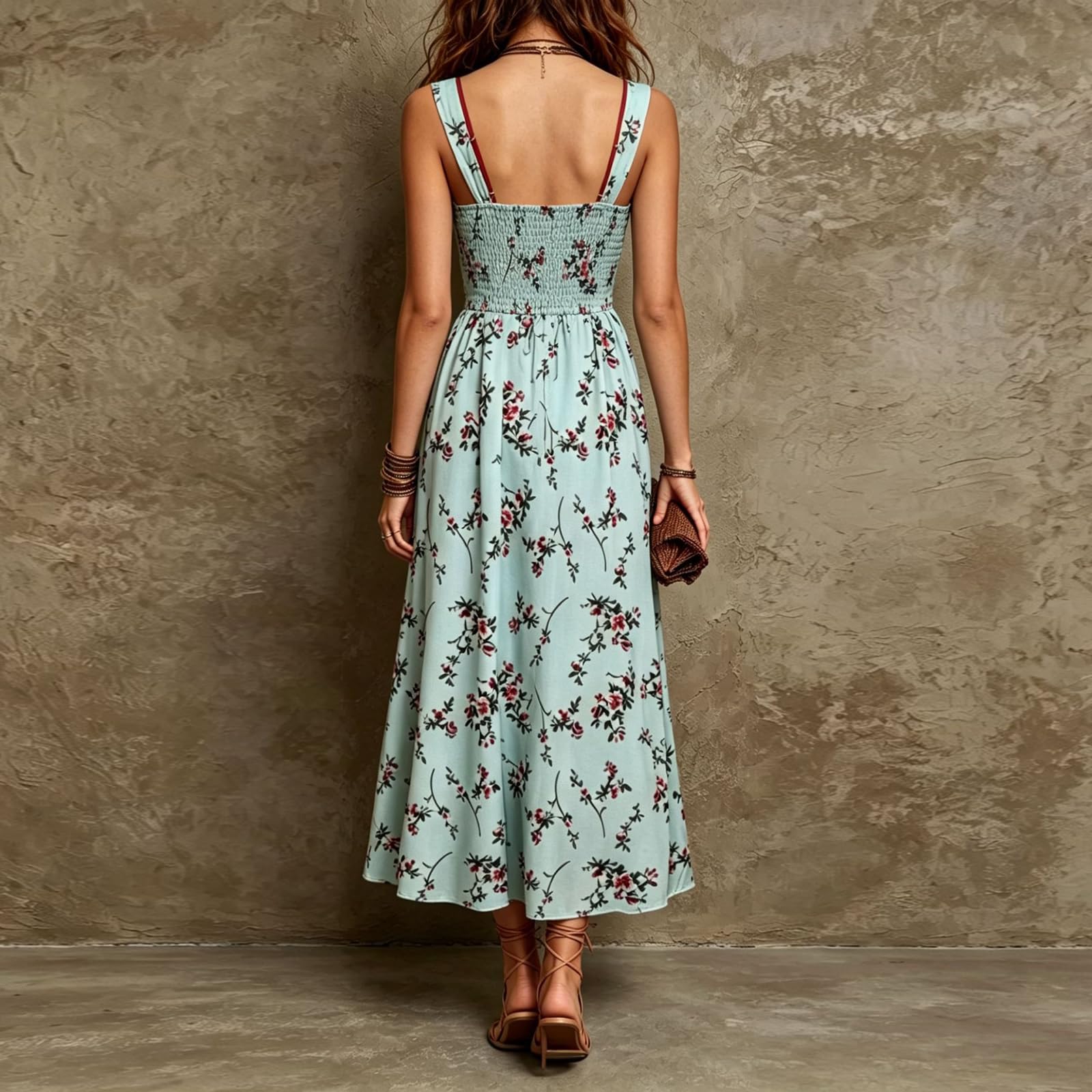 Sommerkleid Damen Lang Geblümt Tailliert Kleid Sommer Ärmellos Rückenfrei Maxikleid Elegant A Linie Trägerkleid Maxi Sommerkleider Leicht Und Luftig Kleider Breite Träger mit Taschen Blumenkleid