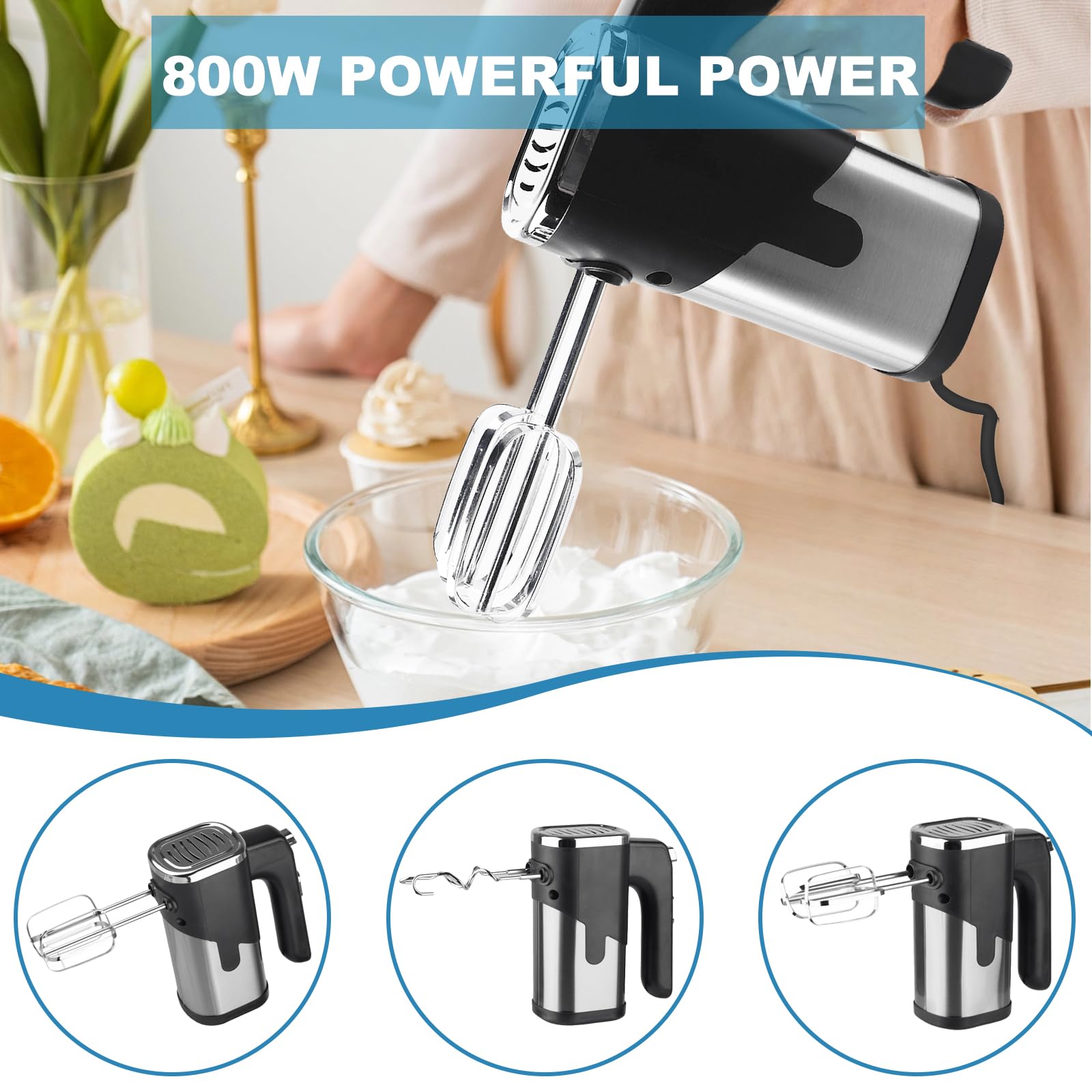 Frullatore a mano, 800 W, 7 velocità, miscelatore elettrico, mixer manuale con 4 accessori in acciaio inox, impastatore manuale in acciaio inox, miscelatore manuale, miscelatore da cucina (nero)