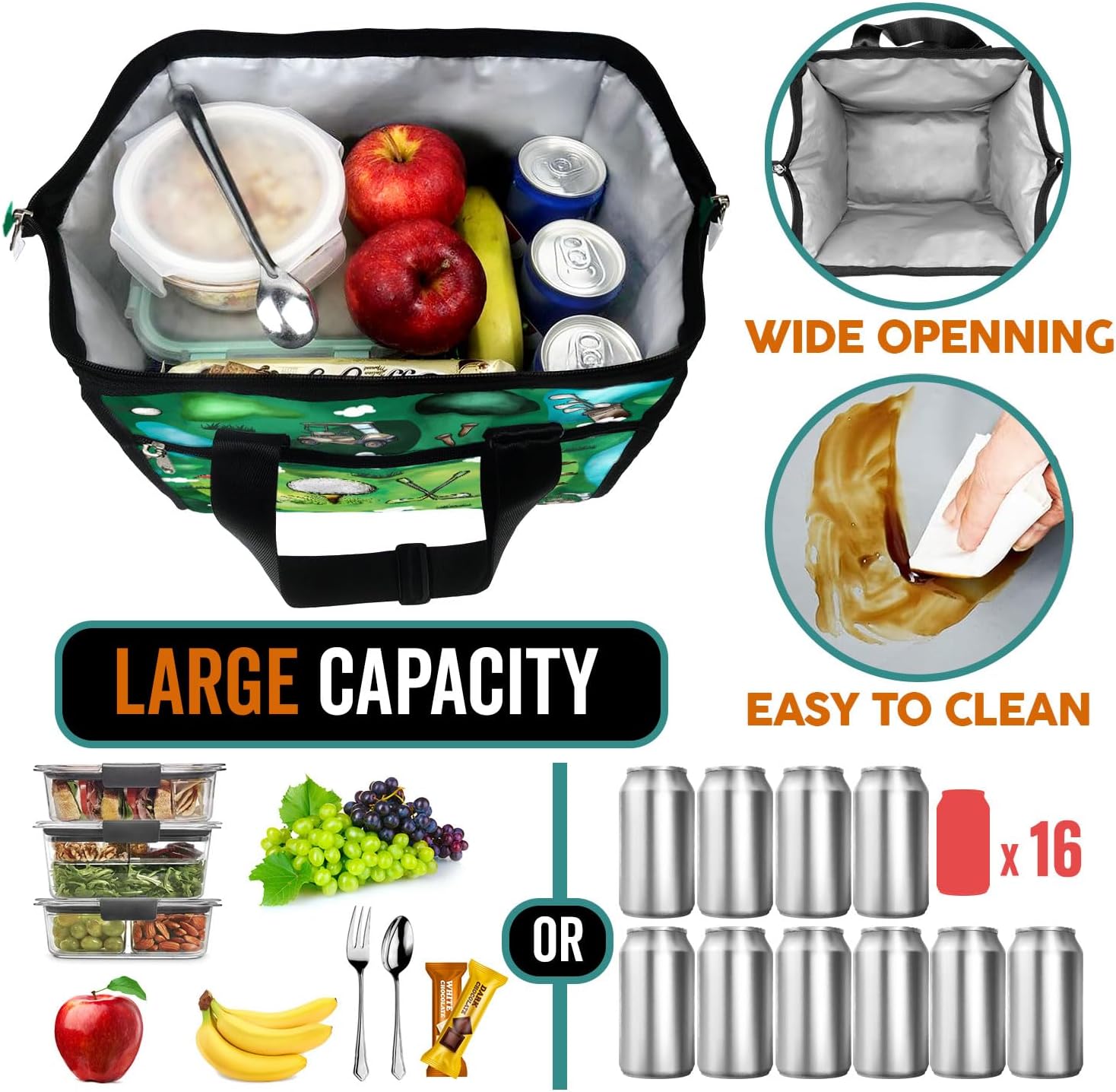 84hoods Large Lunch Bag for Women. Gift for Golf Lovers and Players. Insulated Lunch Box for Work Office Travel Picnic with Adjustable Strap. Love Golf.