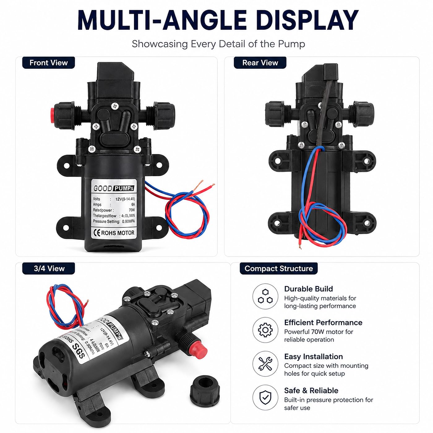 Pompe À Membrane 12V, Pompes À Eau Membrane Haute Pression DC12V 70W Pompe Pulvérisatrice Électrique Auto-Amorçante 6L/Min 0.9Mpa 131Psi, pour Caravane Camping-Car Marin Jardin de Bateaux