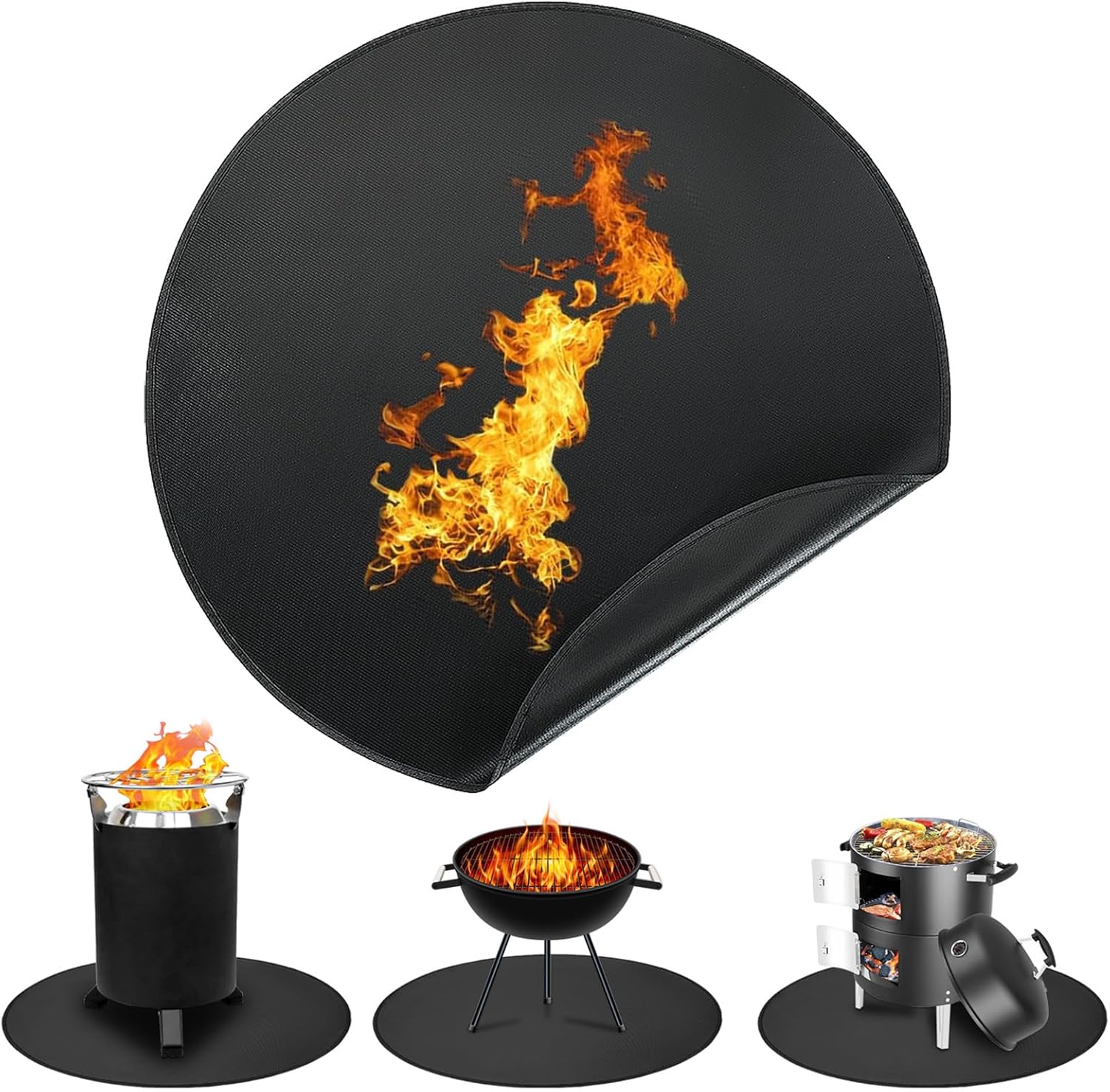 TYLIN Fire Pit Mat for Deck Fireproof, Round Fireproof Under Grill Mat, Oil-Proof Waterproof BBQ Pad for Deck Patio Grass Outdoor Grill Accessories, Portable and Reusable，Black (60x60 inch)
