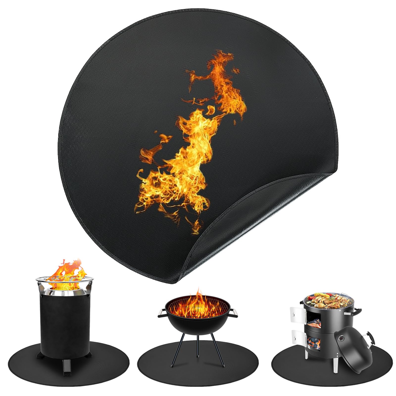 TYLIN Fire Pit Mat for Deck Fireproof, Round Fireproof Under Grill Mat, Oil-Proof Waterproof BBQ Pad for Deck Patio Grass Outdoor Grill Accessories, Portable and Reusable?Black (60x60 inch)