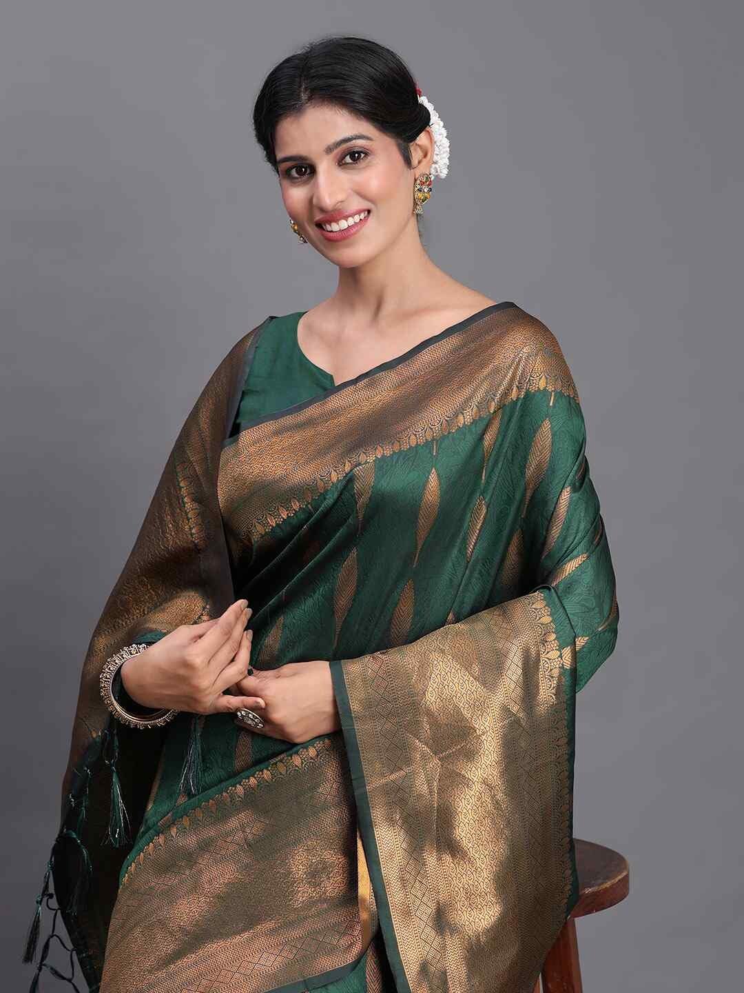 Shiv Textiles Women's Silk Woven & Tassel Saree(AUS-ASBNR2005-DARK GREEN) 3