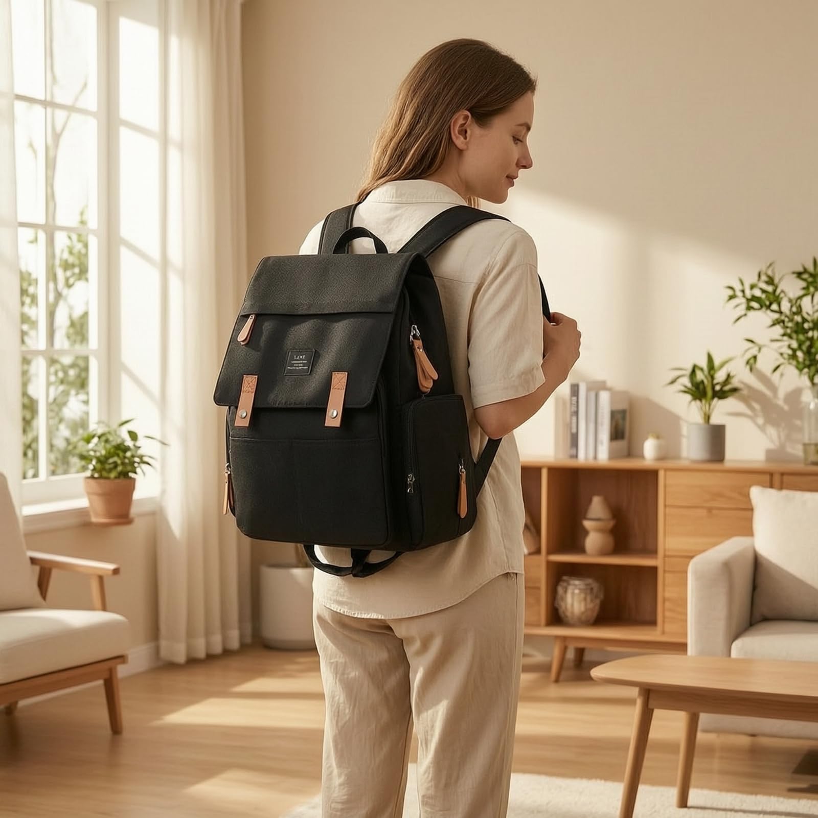Zaino con Flap Funzionale Zaino Multitasche Casual Zainetto per Pendolari, Lavoro, Università, Array, Nero