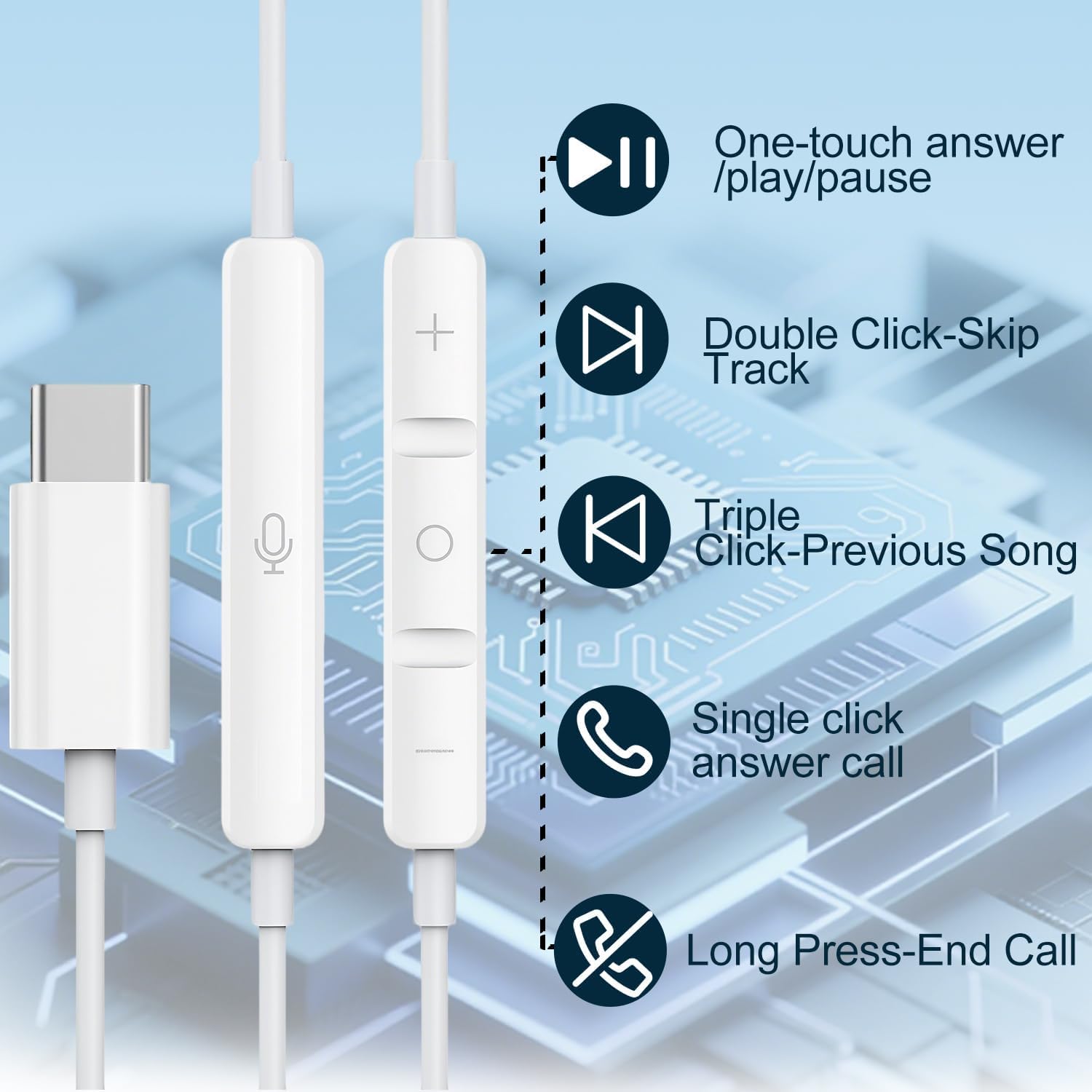USB C Headphones with Cable for iPhone 17/16/15 Pro Max/Plus iPad Pro, In-Ear Headphones with Type C Cable, Microphone, Volume Control for Samsung S23/S22/S21/S20/A53/A54 Google Pixel 8/7/6A/5/4 — view 2