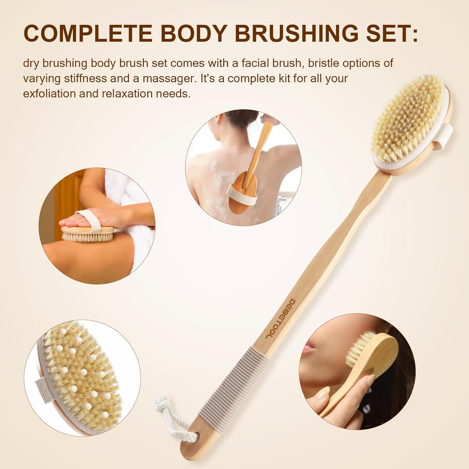 Dry Brushing Set - Natural Boar Bristle Body & Face Brush, Wooden Long Handle Scrub Brush for Cellulite & Lymphatic Drainage Body Care, Detachable, 3 Brush Heads - Image 2