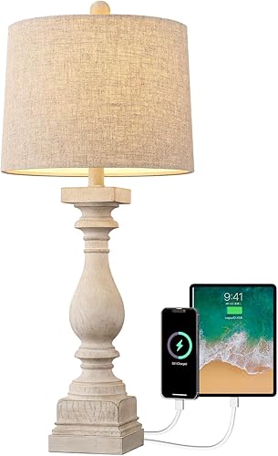 Miniatura 8 de BOBOMOMO Puertos de carga USB retro de 27 pulgadas AC Wash-White Lámparas de granja para dormitorios, lámparas de mesa auxiliar, lámpara de noche