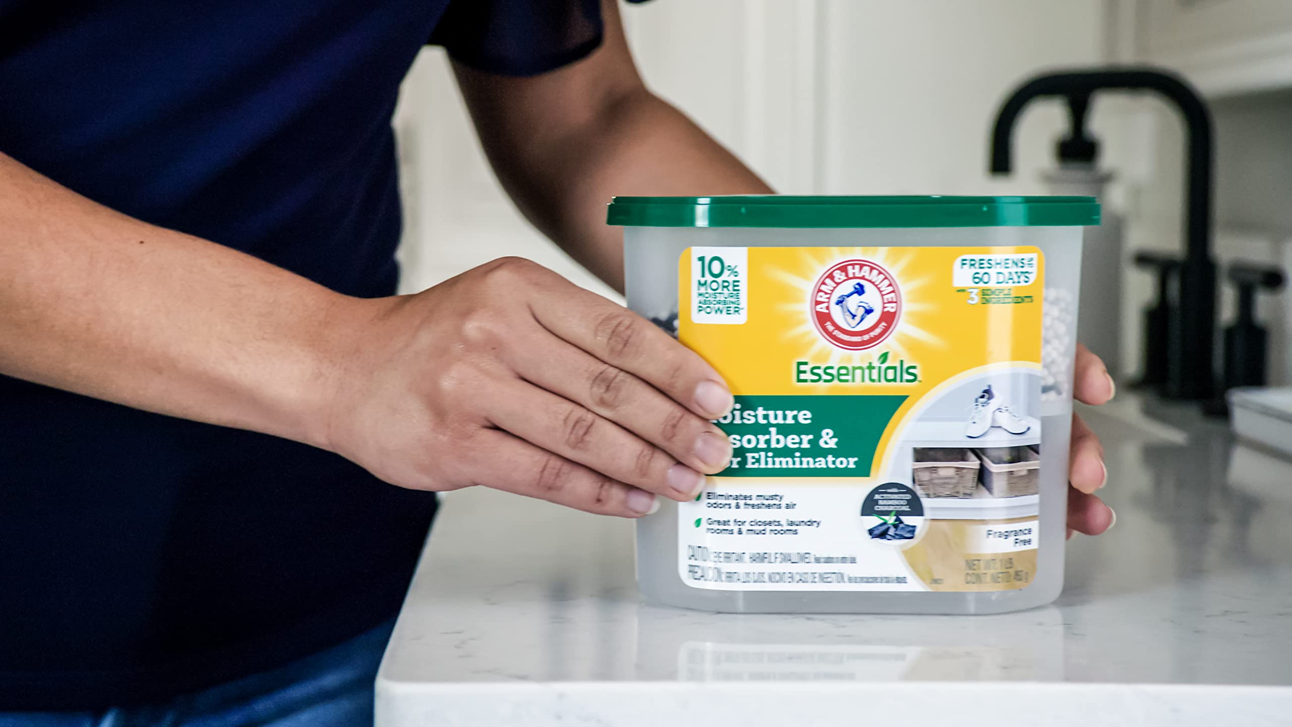 Arm & Hammer Essentials Disposable Moisture Absorber and Odor Eliminator Tub, Fragrance Free, 1 lb, Attracts and Traps Excess Moisture, Ideal Closet Dehumidifier