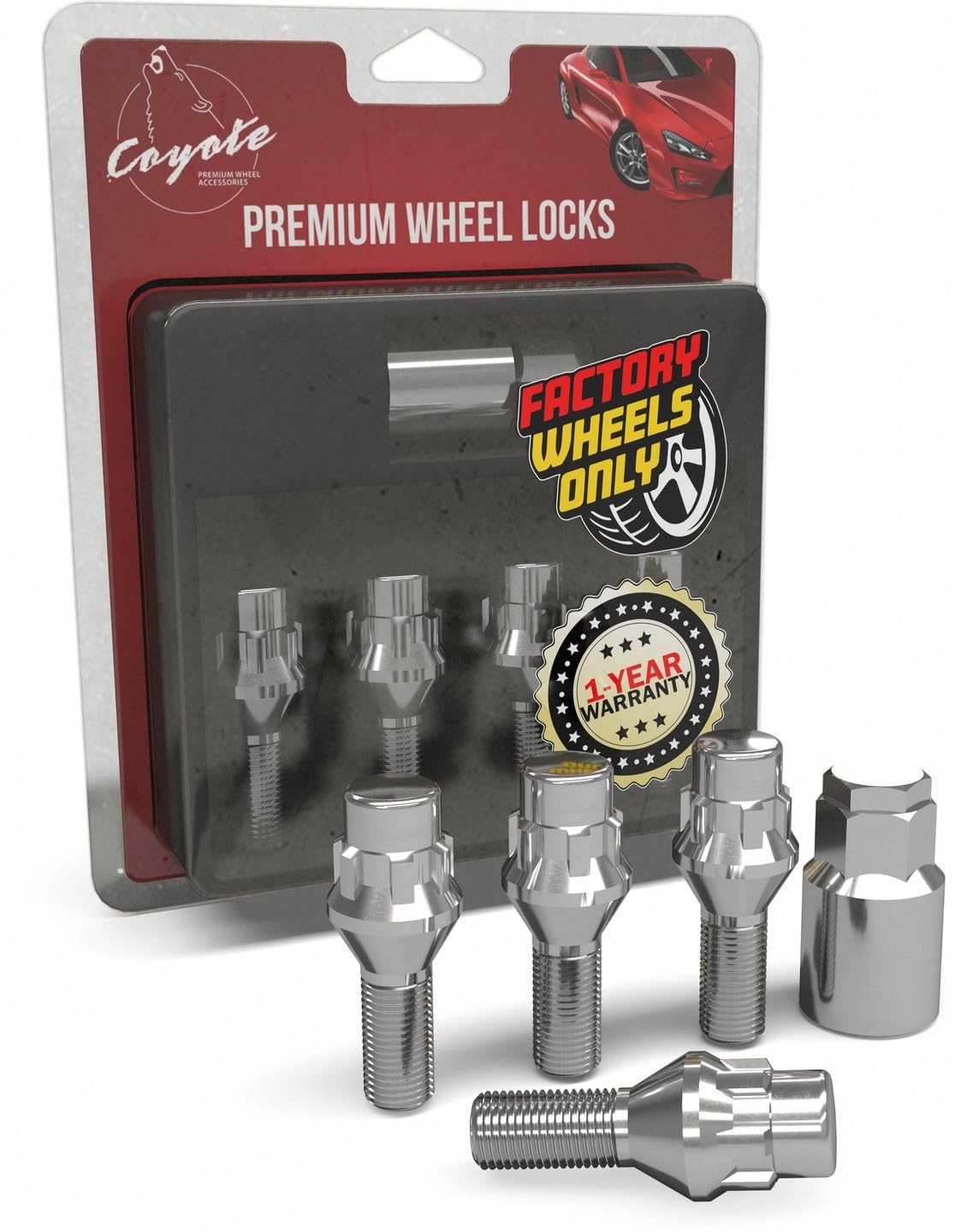 Wheel Accessories Parts 4 Locks + Key M14 x 1.25 Thread Acorn Seat Lug Bolt Lock Chrome Finish 24mm Shank Length Dual Hex Key 17mm &amp; 19mm fits Mini Cooper