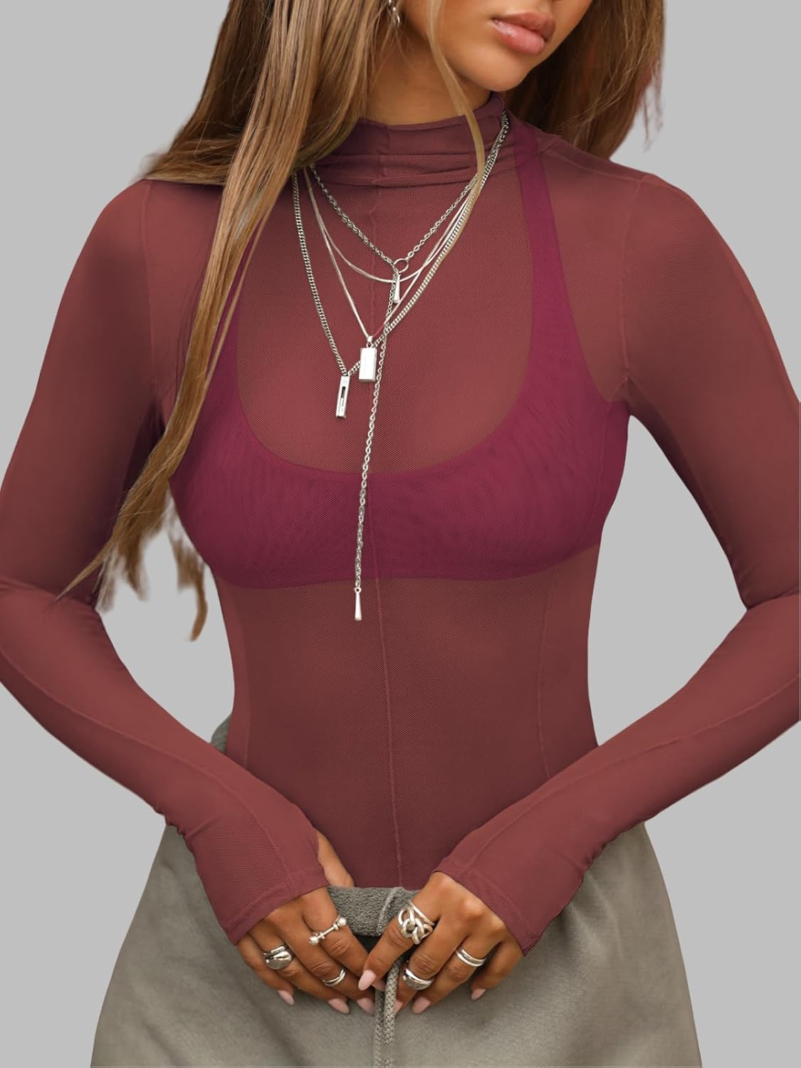 Ahtyeo Womens Mesh Long Sleeve Tops Mock Neck Sexy See Through Tee Shirts Party Club Night Lace Sheer Layering Blouse - Image 2