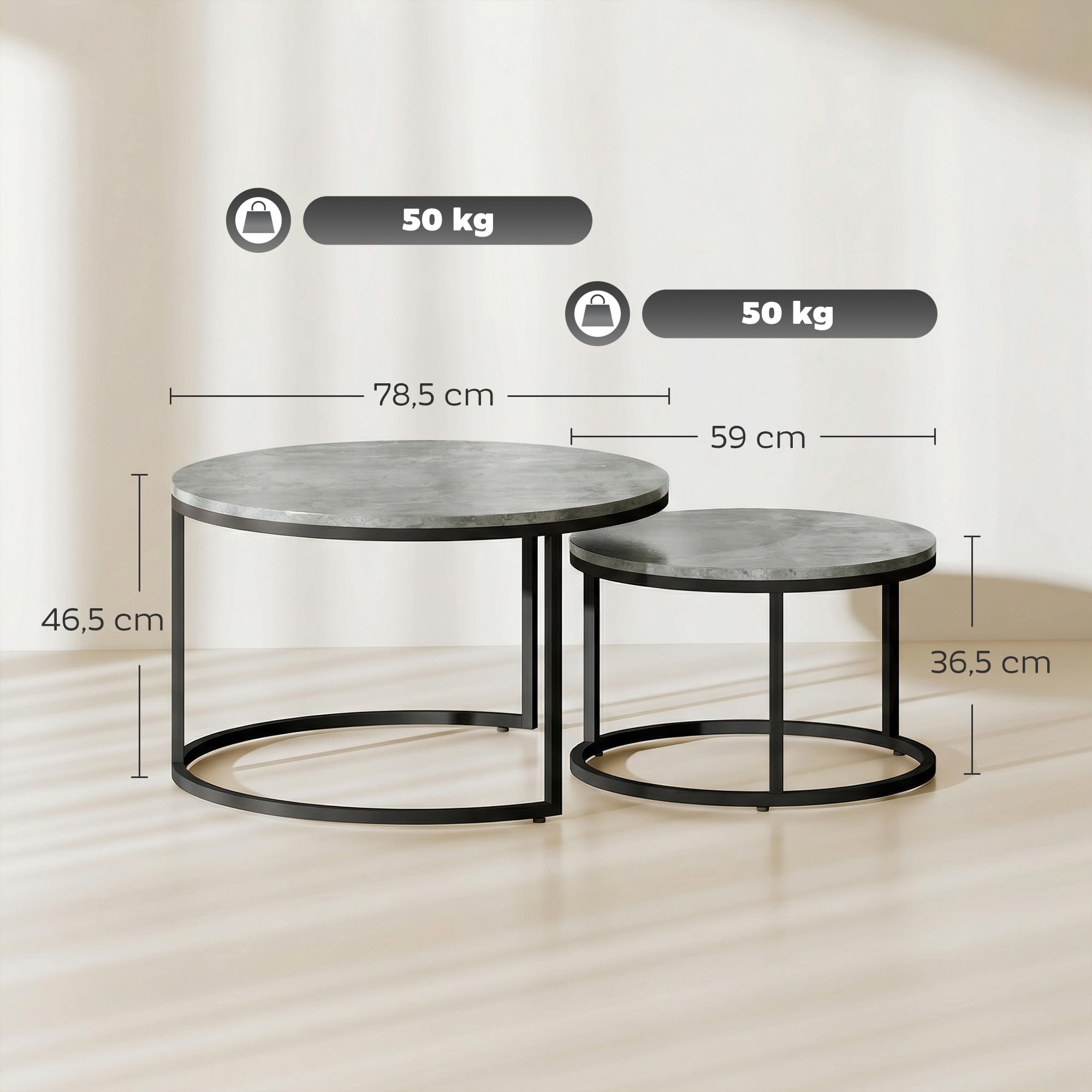 HOMCOM Stolik kawowy okrągły, zestaw 2 szt., możliwość układania w stos, 78,5 x 78,5 x 46,5 cm, szary | Stolik pomocniczy z metalową ramą, stół do salonu o wyglądzie cementu, stolik kawowy, stół do sypialni, salon, sypialnia