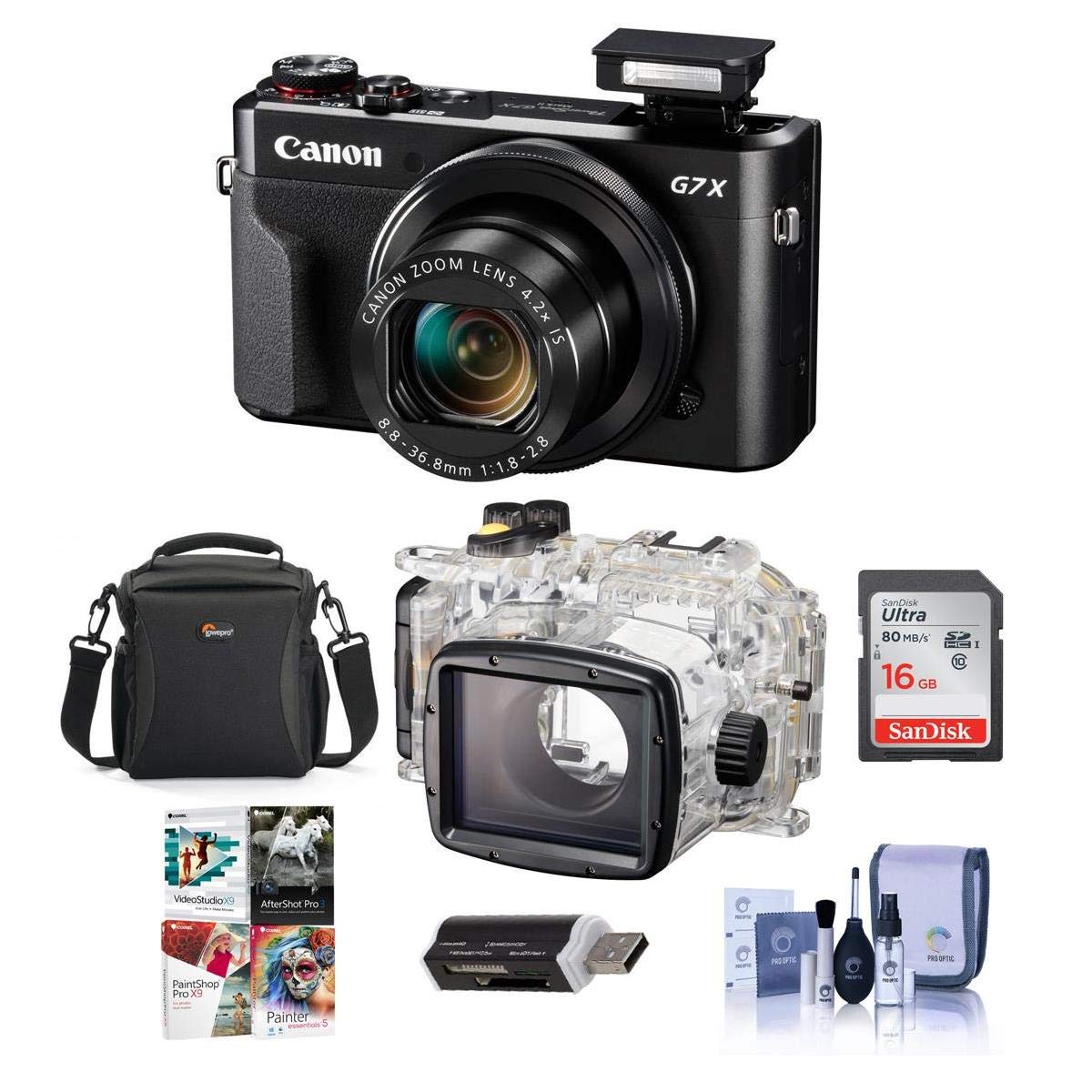 Canon PowerShot G7 X Mark II Digital Point & Shoot Camera - Bundle With Canon WP-DC55 Waterproof Case - 16mm SDHC Card, Camera Case, Cleaning Kit, Card Reader, Software Package