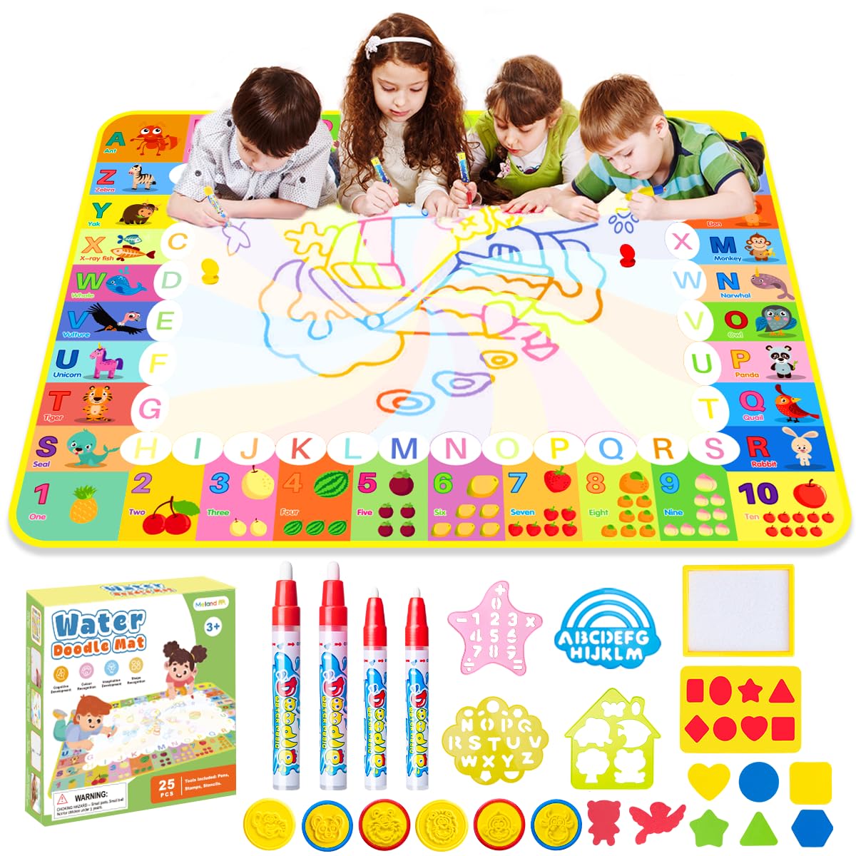 Water Doodle Mat - 120 x 90cm Large Aqua Magic Water Drawing Mat with Magic Pens, Stamps, Molds No Mess Coloring Painting Educational Christmas Birthday Gift for Toddlers Boys Girls Toys Aged 3 4 5