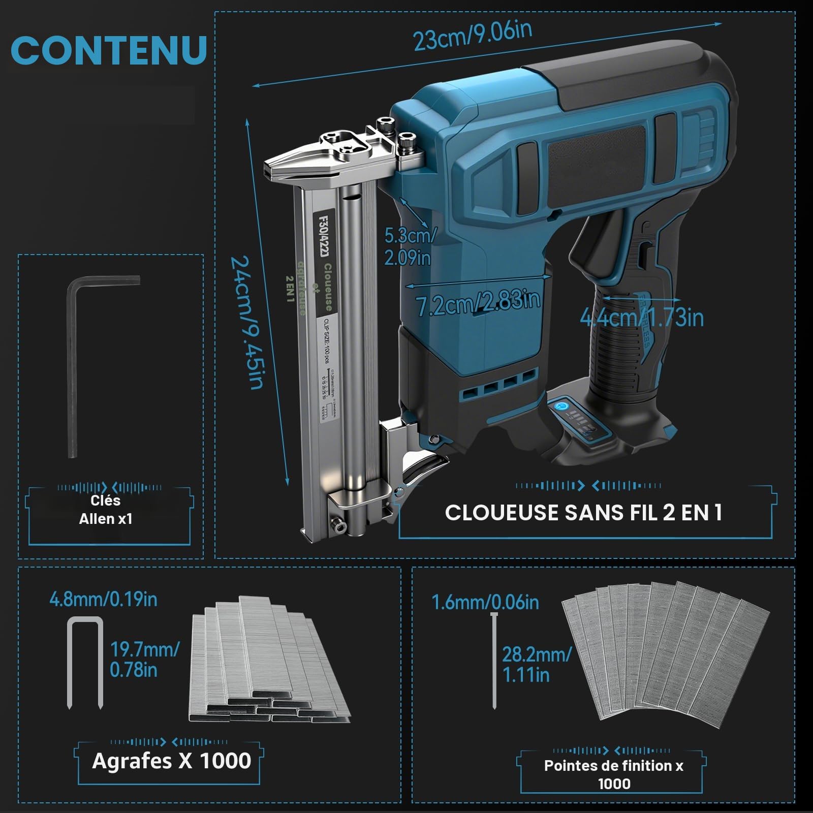 Cloueuse sans fil, pistolet à ongles sans fil, compatible avec batterie 18 V, pistolet électrique 2 en 1 avec 1000 clous droits et 1000 clous en forme de U, pour tapisserie d'ameublement