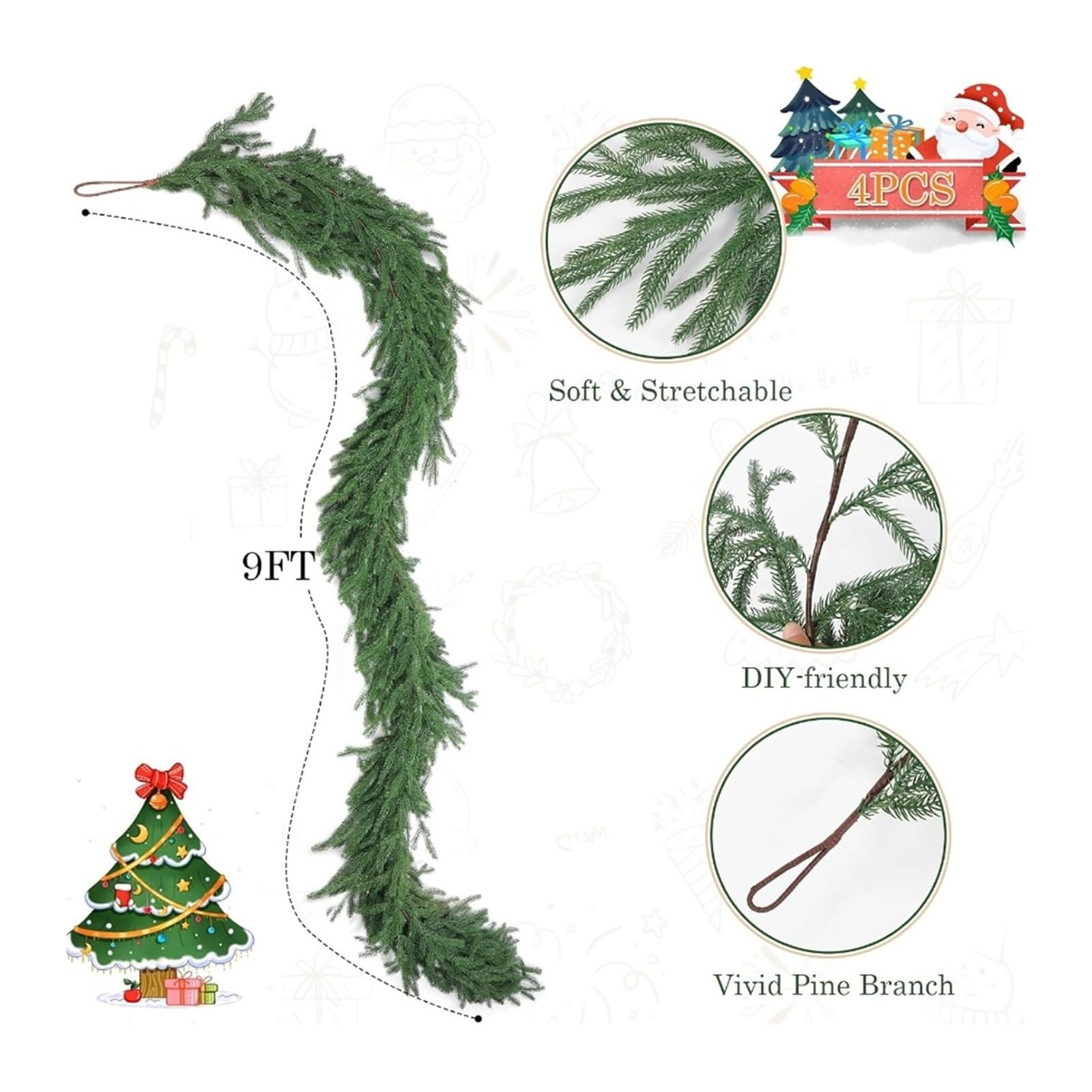 Generico Norfolk-Kieferngirlande, 4 Stück, 9 Füße, Polyester, für Weihnachtsdekoration