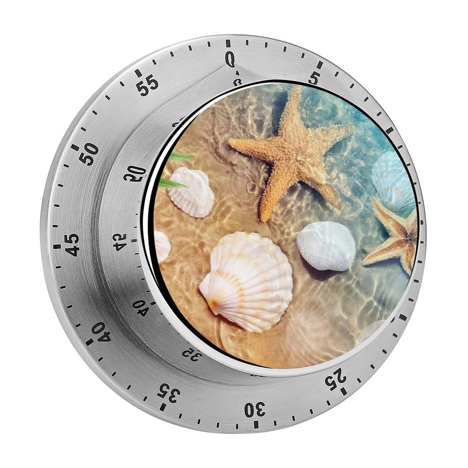 60 Minute Wind Up Timer, Visual Mechanical Timer with Loud Alarm, Seashell Starfish on Beach Kitchen Timers for Cooking - No Batteries Required - Magnetic Backing, Exquisite Stainless Steel Body