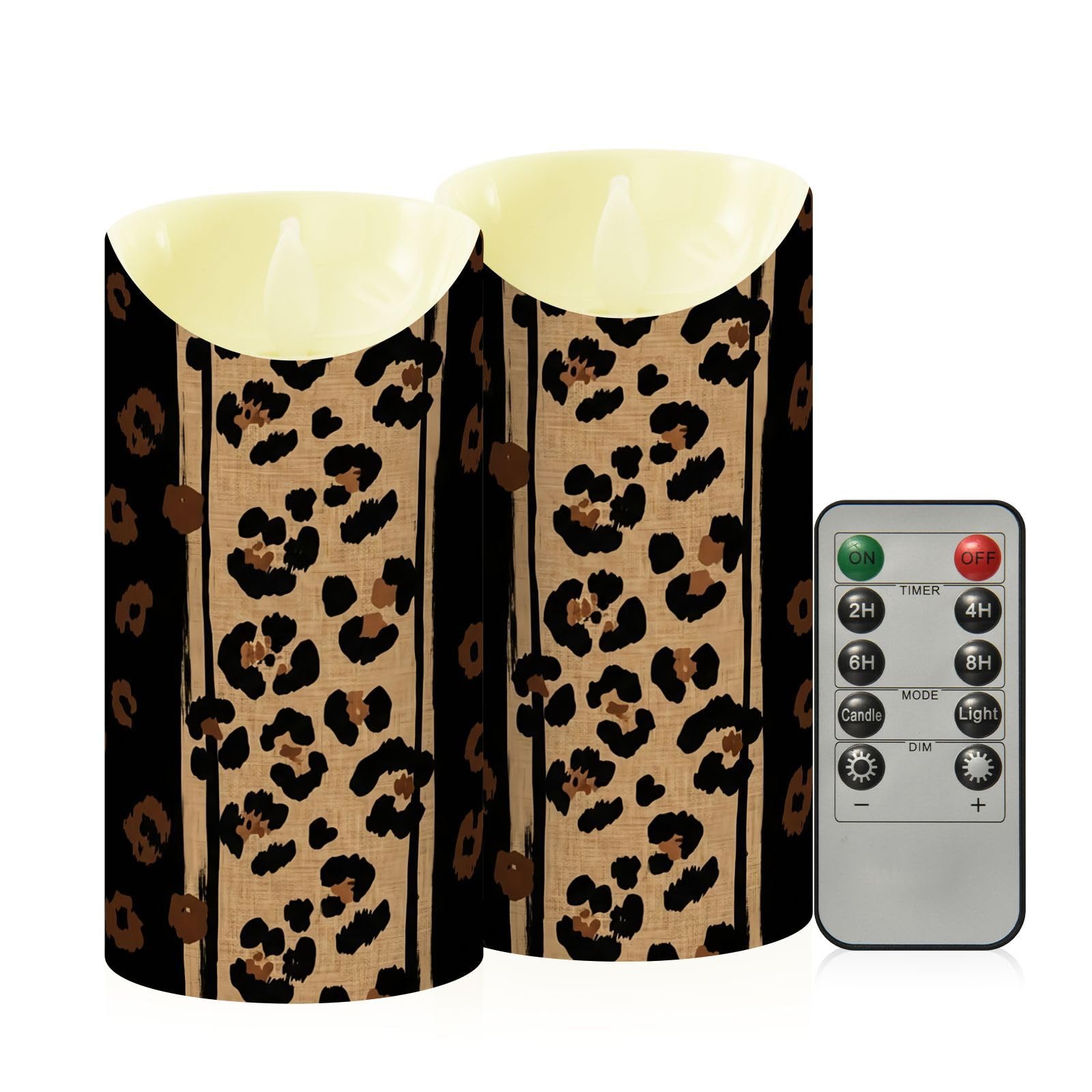 Cgiub Leopard Flameless Candles with Timer 2pcs Battery Operated Flickering Flameless LED Pillar Candles for Holiday Home Wedding Fireplace Decor