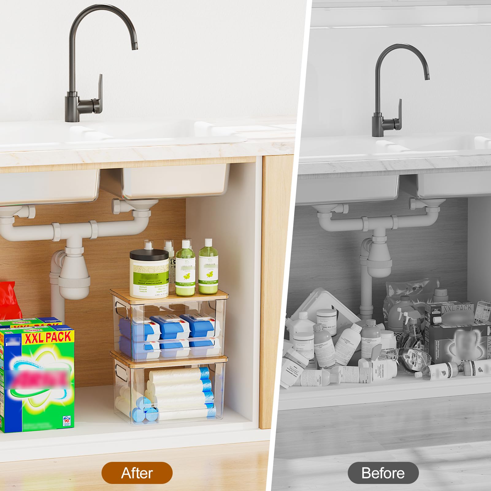 Riian Dispensador de bolsas de basura, soporte para bolsas de basura, soporte apilable para bolsas de basura con parte superior de bambú, contenedor de almacenamiento acrílico para debajo del
