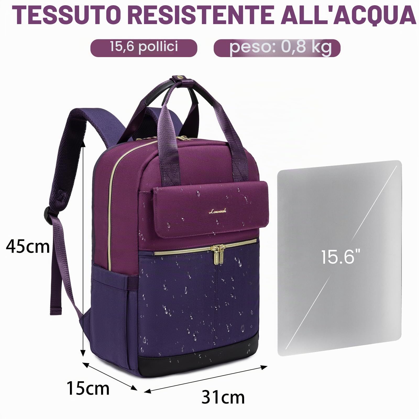 LOVEVOOK Zaino da donna, per la scuola, per adolescenti, ragazze, con scomparto per laptop, da viaggio, impermeabile, elegante, per università, viaggi, ufficio, Blu-Viola , 15.6", Casual