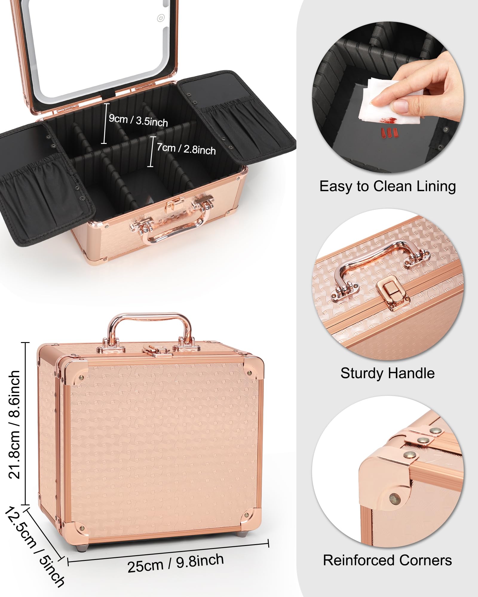 Relavel Beauty case con specchio a LED, scatola per trucchi da viaggio con specchio illuminato ricaricabile, organizer per pennelli per truccatori, regali per donne e ragazze, oro rosa