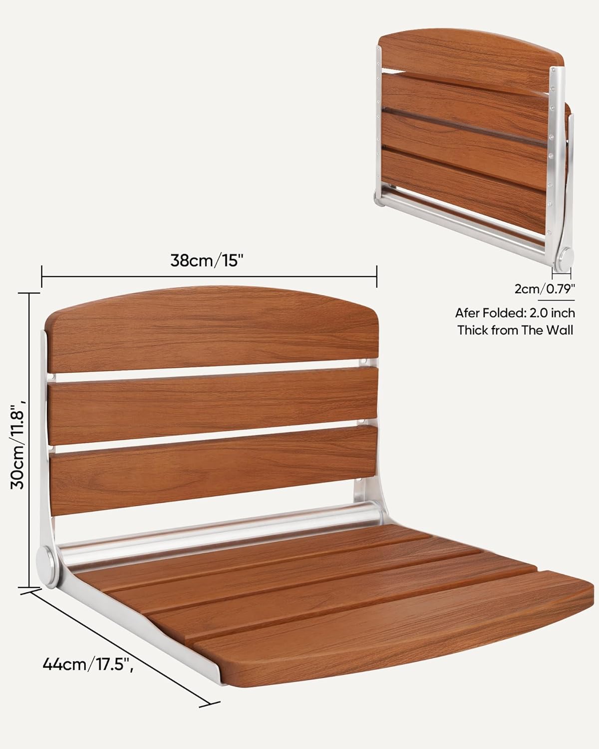 Folding Shower Seat Bench Wall Mounted Teak Foldable Shower Seat Chair for Inside Shower Fold Down for Small Spaces, Teak Wood 400lbs Max Load for Inside Shower 17.5"
