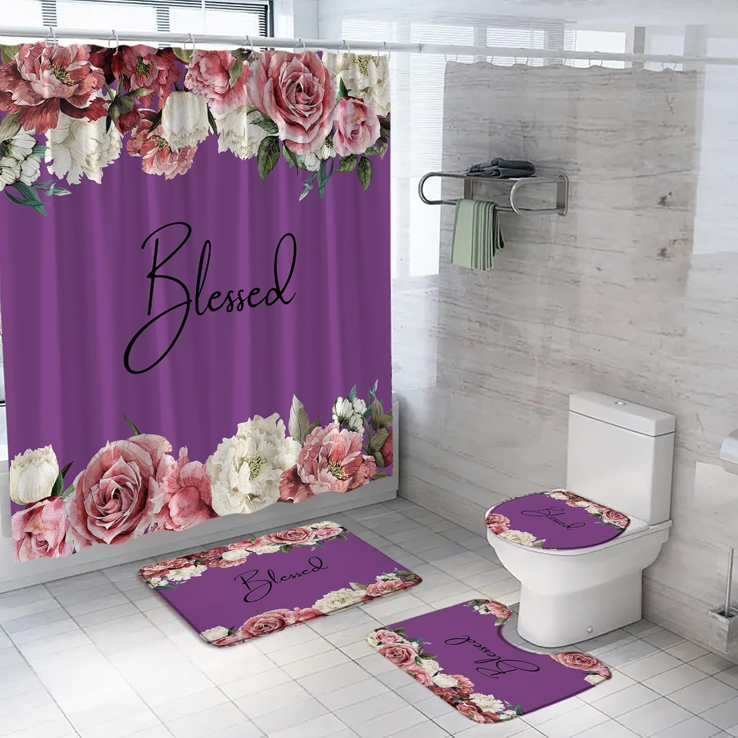 4 Piece Burgundy Red Floral Shower Curtain Sets with Rugs,Toilet Lid Cover and Bath Mat,Retro Watercolor Flowers Rose Elegant Blessed Inspirational Quote Bathroom Shower Curtain Set with Hooks