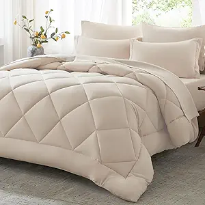 Anluoer California King Comforter Set,Beige Bed in a Bag 7 Piece,Bedding Set with Soft Down Alternative Fill,Bed Set Includes Comforter, Fitted Sheet, Flat Sheet,Pillowcases and Shams
