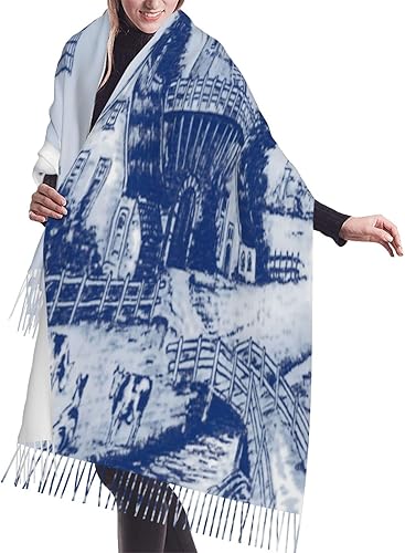 Nederland - Lindo molino de viento holandés vintage Delft azul para mujer, suave, grande, mezcla de cachemira cálida, elegante, chal envolvente