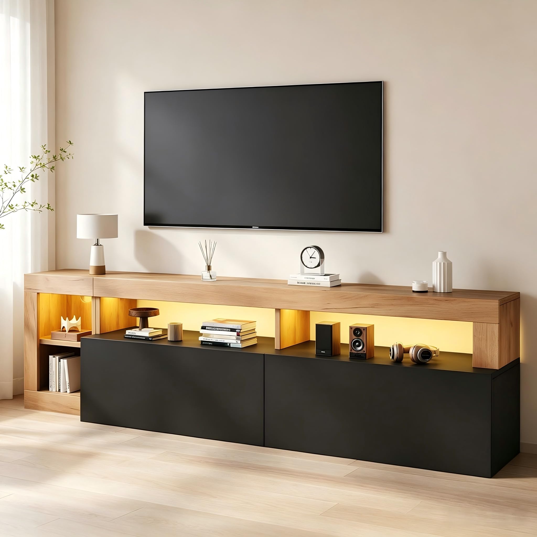 Meuble TV bas en bois avec LED 184 cm Noir