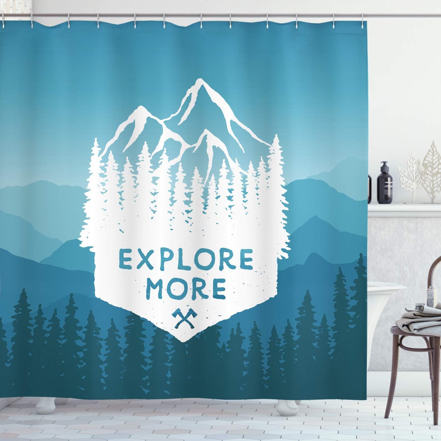 Ambesonne Vintage Shower Curtain, Explore More Typography on a Foreground of Mountain Ranges Pine Trees Nature Adventure, Cloth Fabric Bathroom Decor Set with Hooks, 69" W x 75" L, White Navy