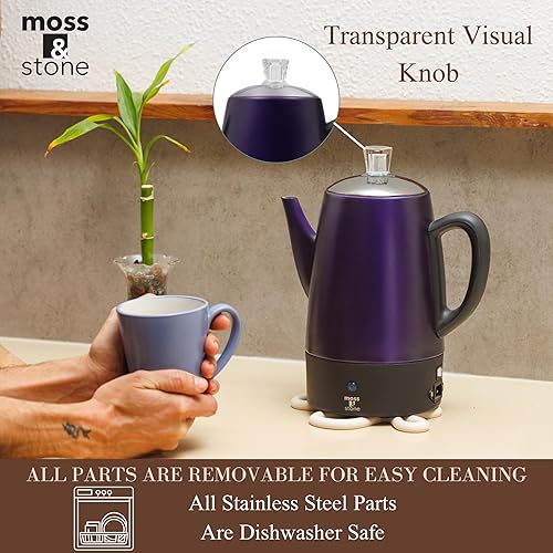 Miniatura 20 de Precolador de café eléctrico Moss & Stone - Cuerpo con tapas de acero inoxidable, cafetera, olla eléctrica, capacidad de 10 tazas