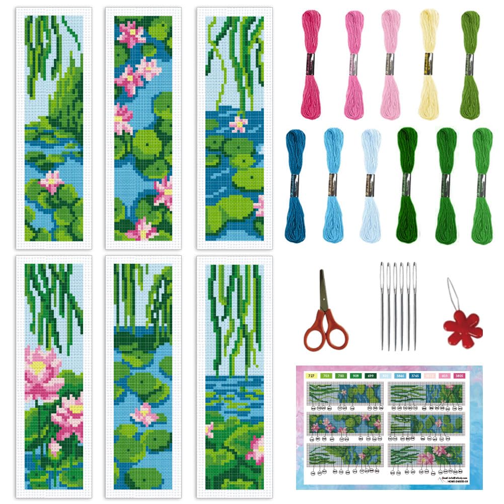 INFUNLY 6 Set Water Lilies Cross Stitch Bookmark Kits 8"x2.4" DIY Willow Tree Embroidery Bookmark Kits for Beginners with Instruction Lotus Flowers Bookmark Making Kit for Book Lovers Readers Gifts