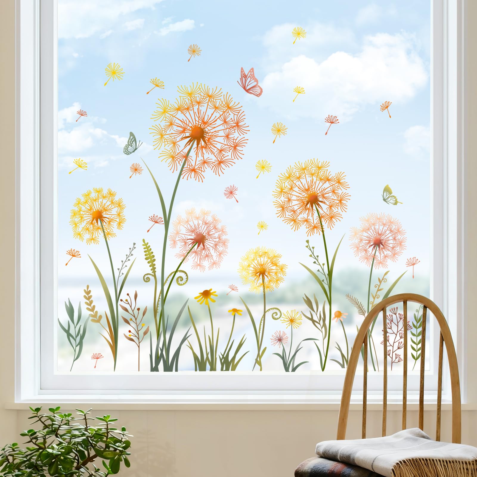 Tanlaby Jaune Pissenlits Fenêtre Stickers Papillon Plante Autocollants Fenêtre Printemps Été Vitre Stickers Anti-Collision Réutilisables Double Face pour Fenêtre Maison Café Verre Porte Décoration