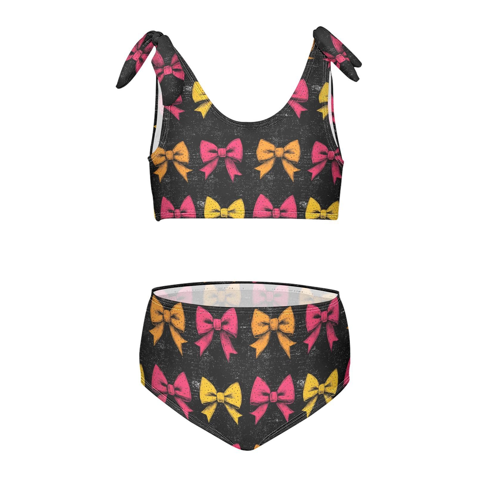 Yellow Red Bow Pattern Girls Two Piece Tankini Swimsuits Summer Bathing Suit Beach Swimwear Set, 11-12T