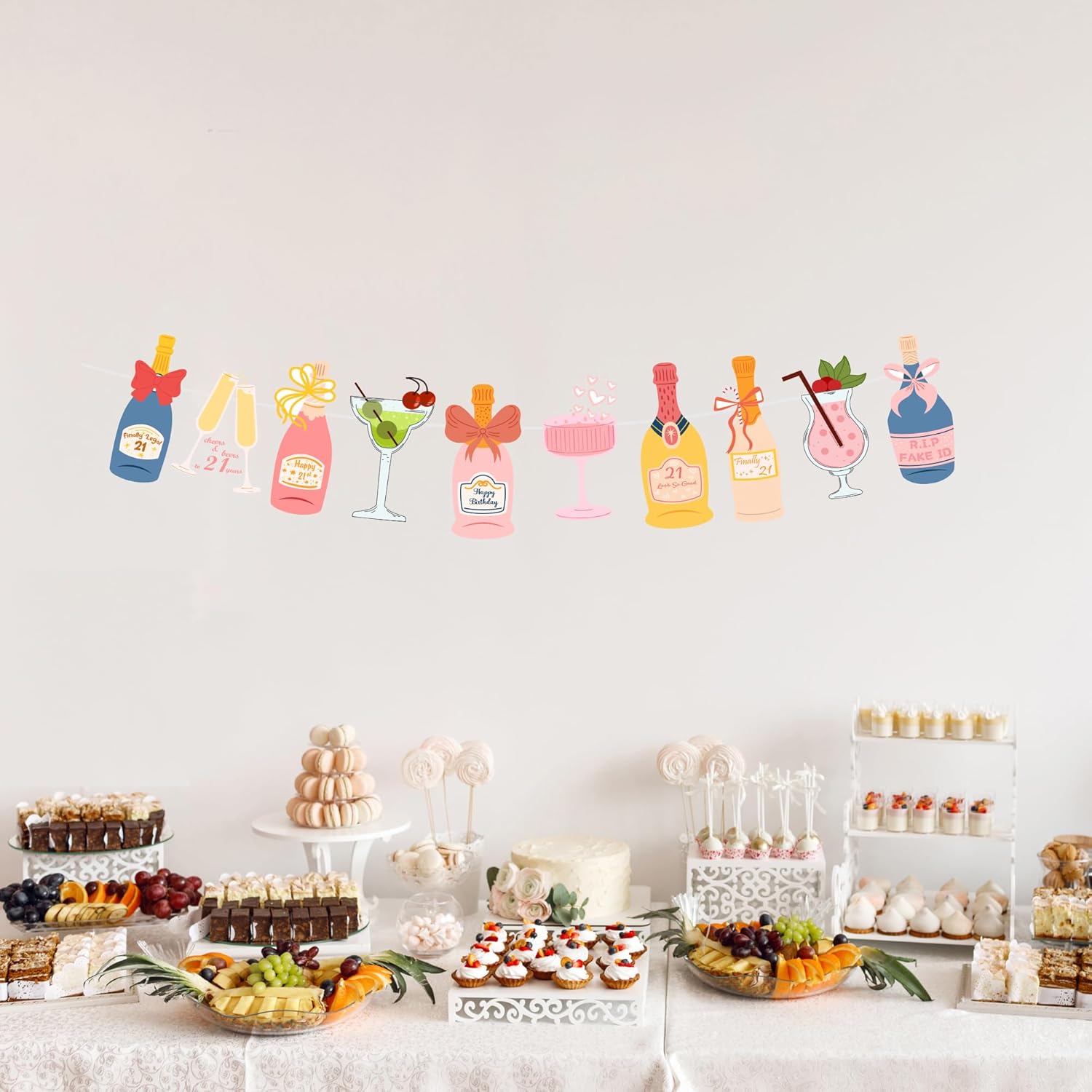 Pre-Strung Champagne Wine and other Drinks Bottles and Glasses Banner, Happy 21st Birthday Decorations for Her, 21 Year Old Party Decor for Women - Image 3