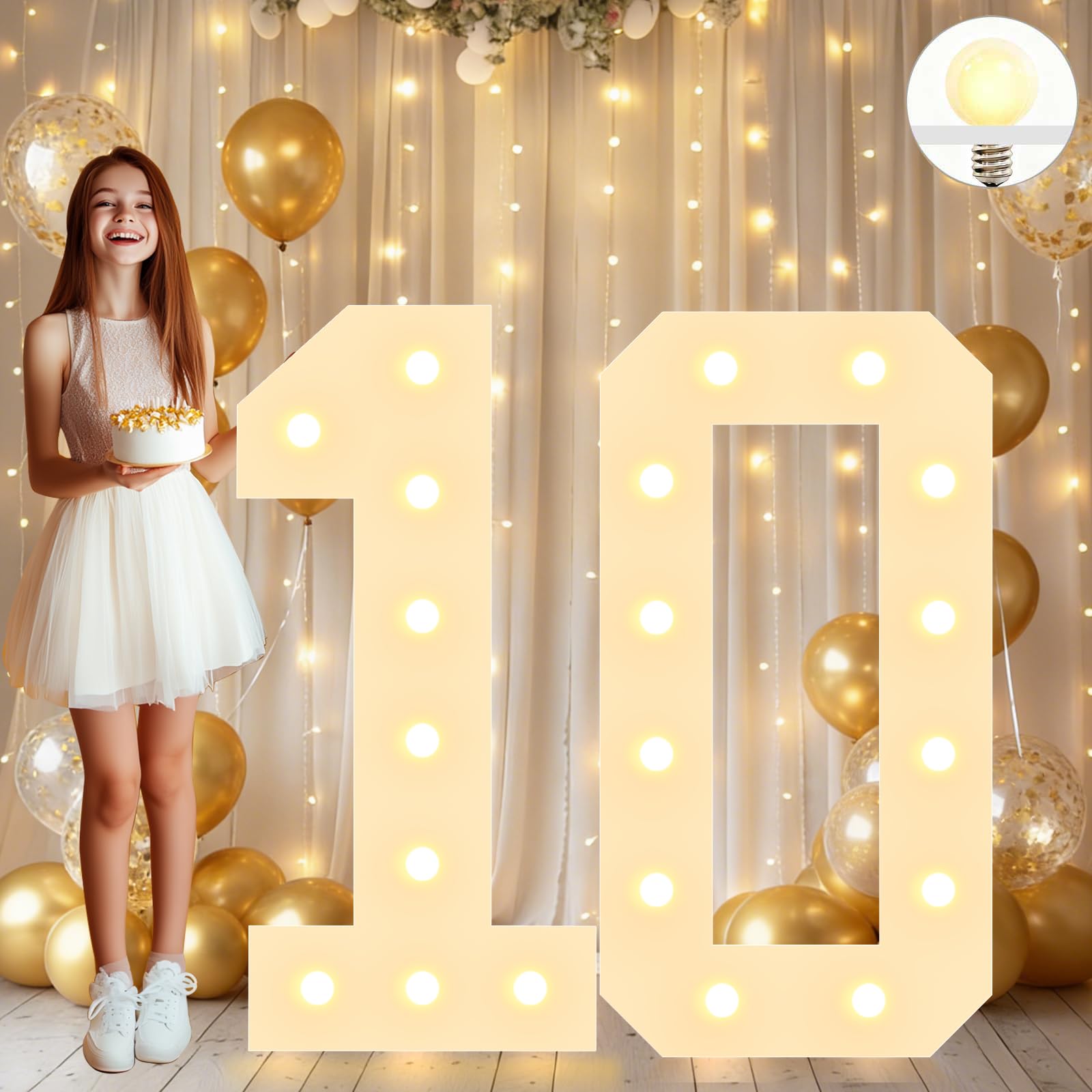 Vimlits Large 4FT Light Up Numbers Birthday Decoration, White Marquee Number Sign for 10th Party Anniversary Backdrop Wedding Big Mosaic Number Frame Foam Cardboard Pre-cut Number 10