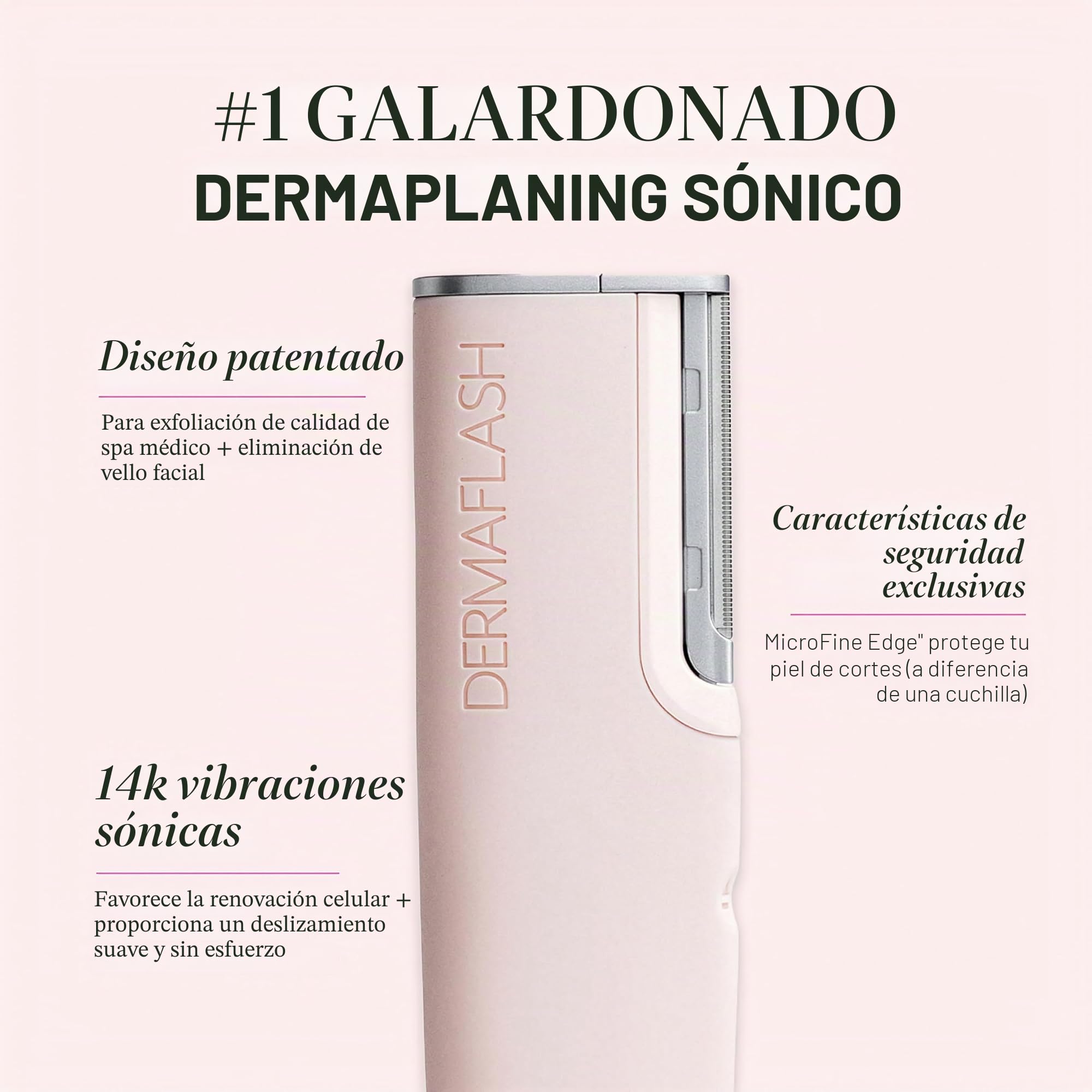 DERMAFLASH Dispositivo LUXE Plus, herramienta antienvejecimiento, exfoliación, depilación y dermaplaning con tecnología Sonic Edge y 4 semanas de tratamiento, rubor