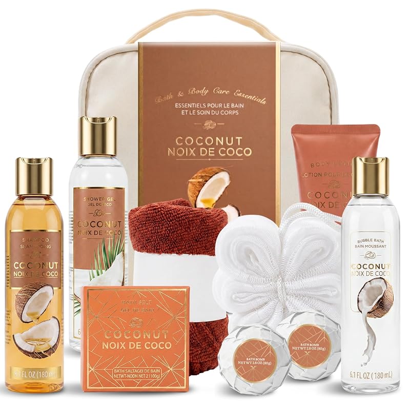 SPA LUXETIQUE WORLD Conjunto de banho e corpo com 10 peças, máscara de olhos de seda e nécessaire de viagem, fragrância de coco