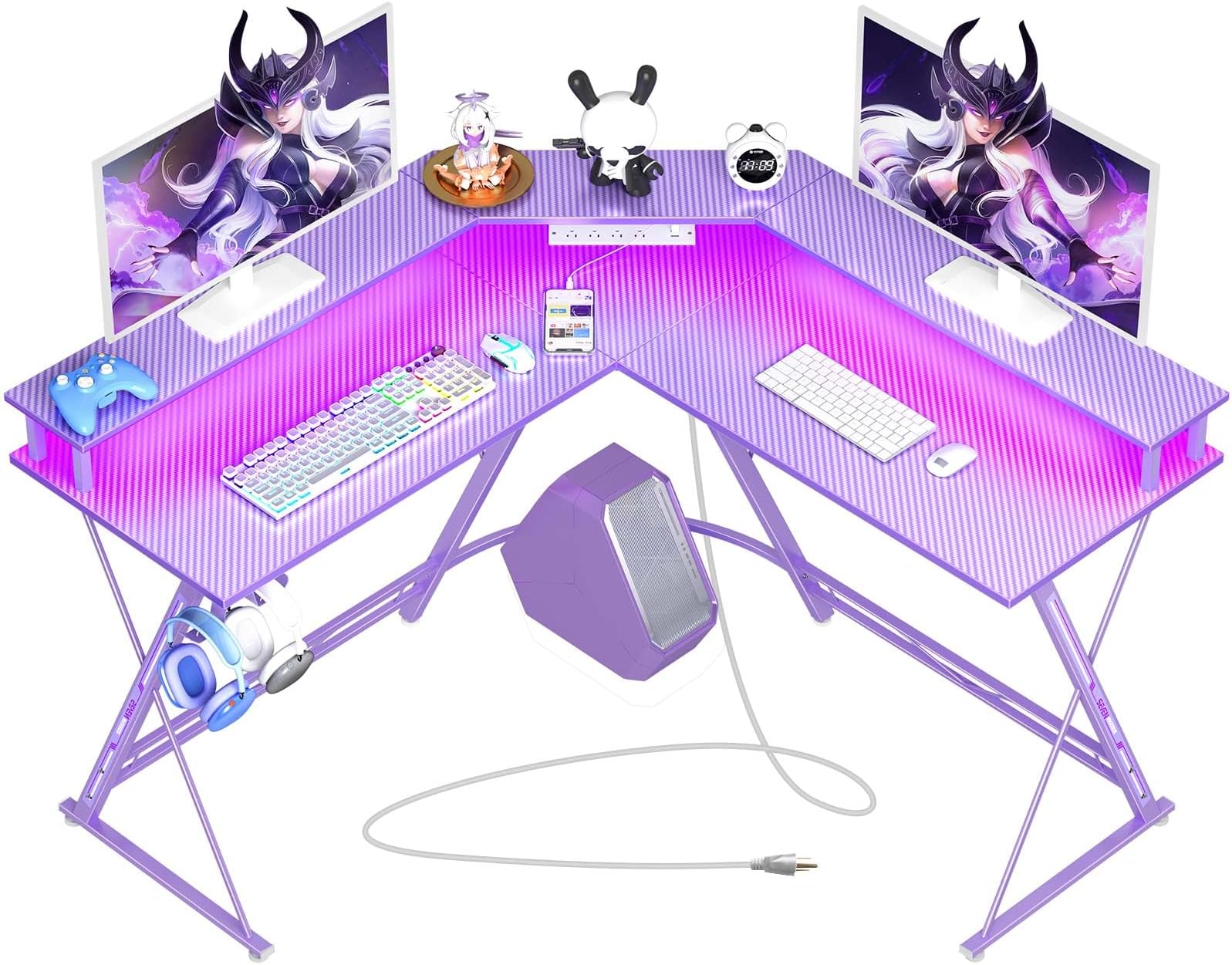 Gaming Desk 50.4” with LED Light & Power Outlets, L-Shaped Gaming Desk Carbon Fiber Surface with Monitor Stand, Ergonomic Gamer Table with Cup Holder, Headphone Hook, Purple