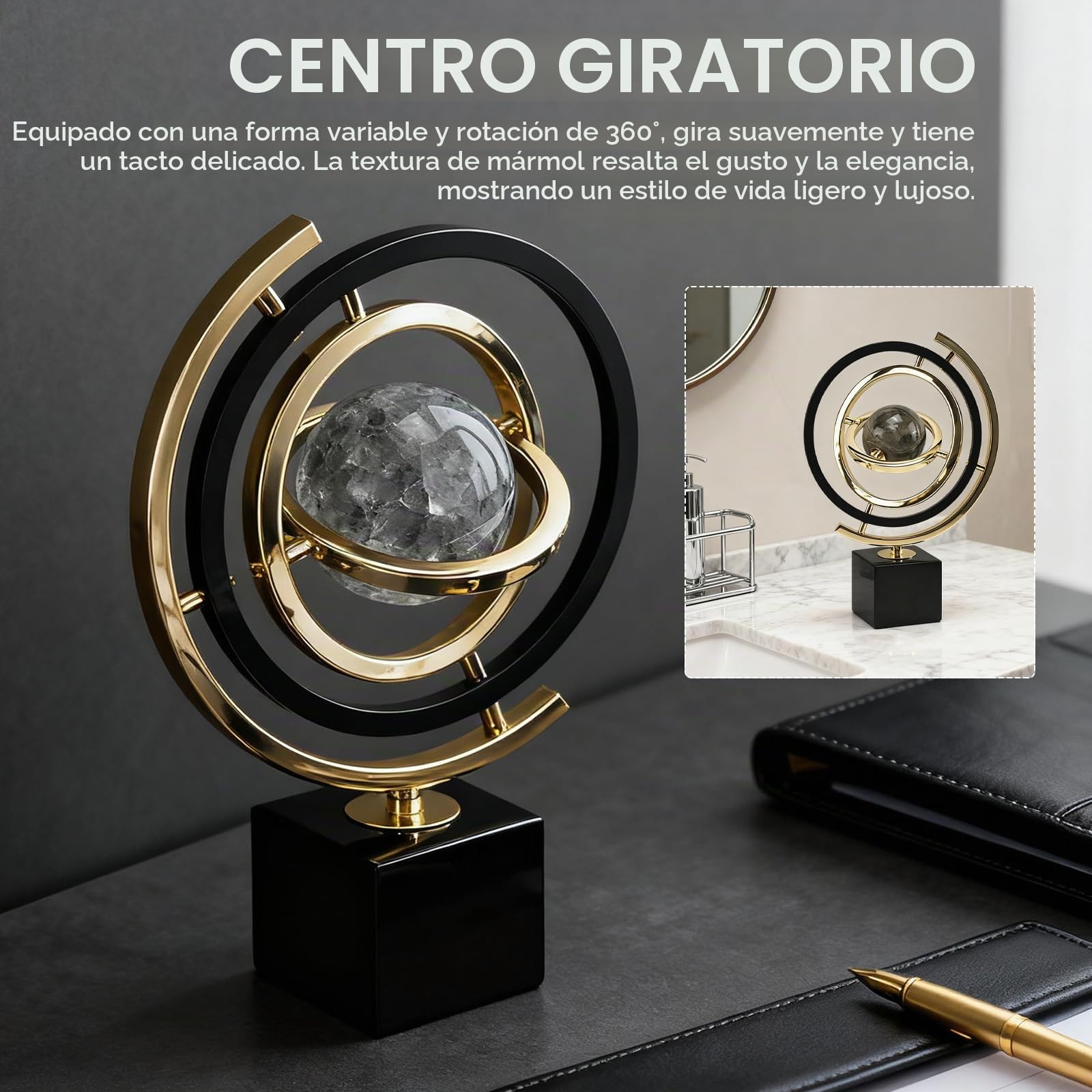 Decoración de Escultura Moderna, Decoración de Escultura de Arte Abstracto, Globo Terráqueo Giratorio de Metal con Soporte, Estatua Decorativa para Escritorio, Estantería y Sala de Estar
