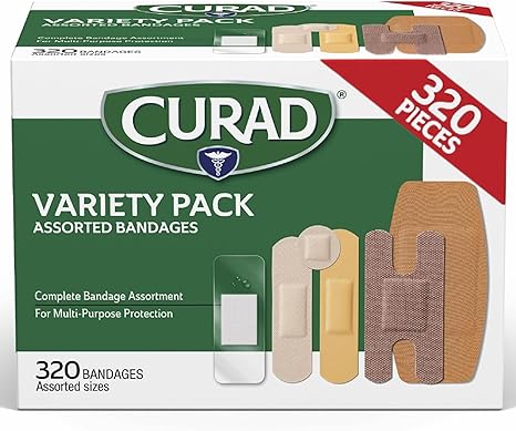 CURAD Assorted Bandages Bulk Variety Pack | 320 Count |5 Styles Including Waterproof, Sheer, Plastic, Heavy Duty & Flex-Fabric | First Aid Kit Essentials | Protects Scrapes, Cuts & Burns