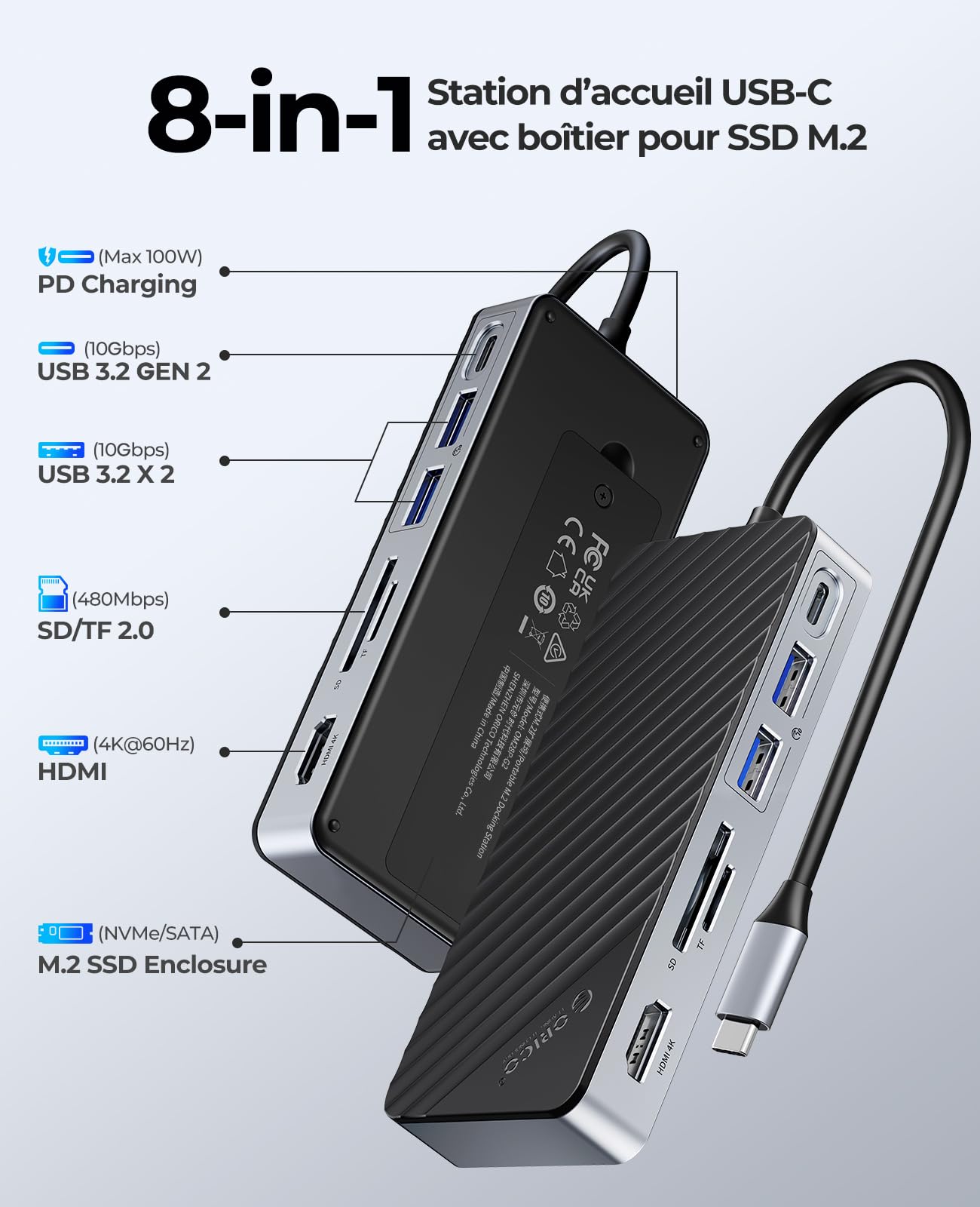 ORICO 8-en-1 Station d'accueil USB C avec Boîtier SSD M.2, Hub USB C avec SSD M.2 NVMe/SATA, Adaptateur Multiports USB 10Gbps, HDMI 4K@60Hz, 100W PD, SD/TF, Docking Station - OM28P