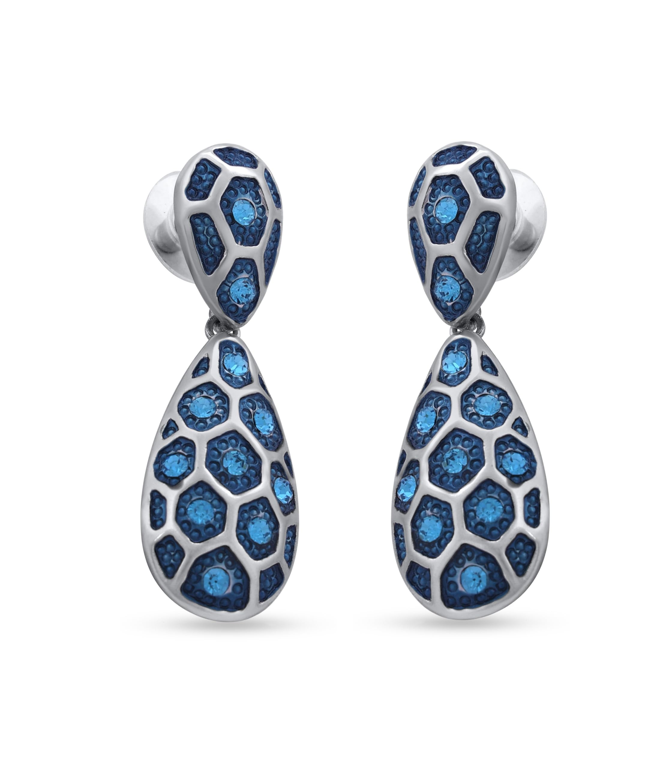 Honeycomb American Diamond Dangler Earrings for Women - Big, Stylish Hanging Earrings - Blue Color Enamel-image-11
