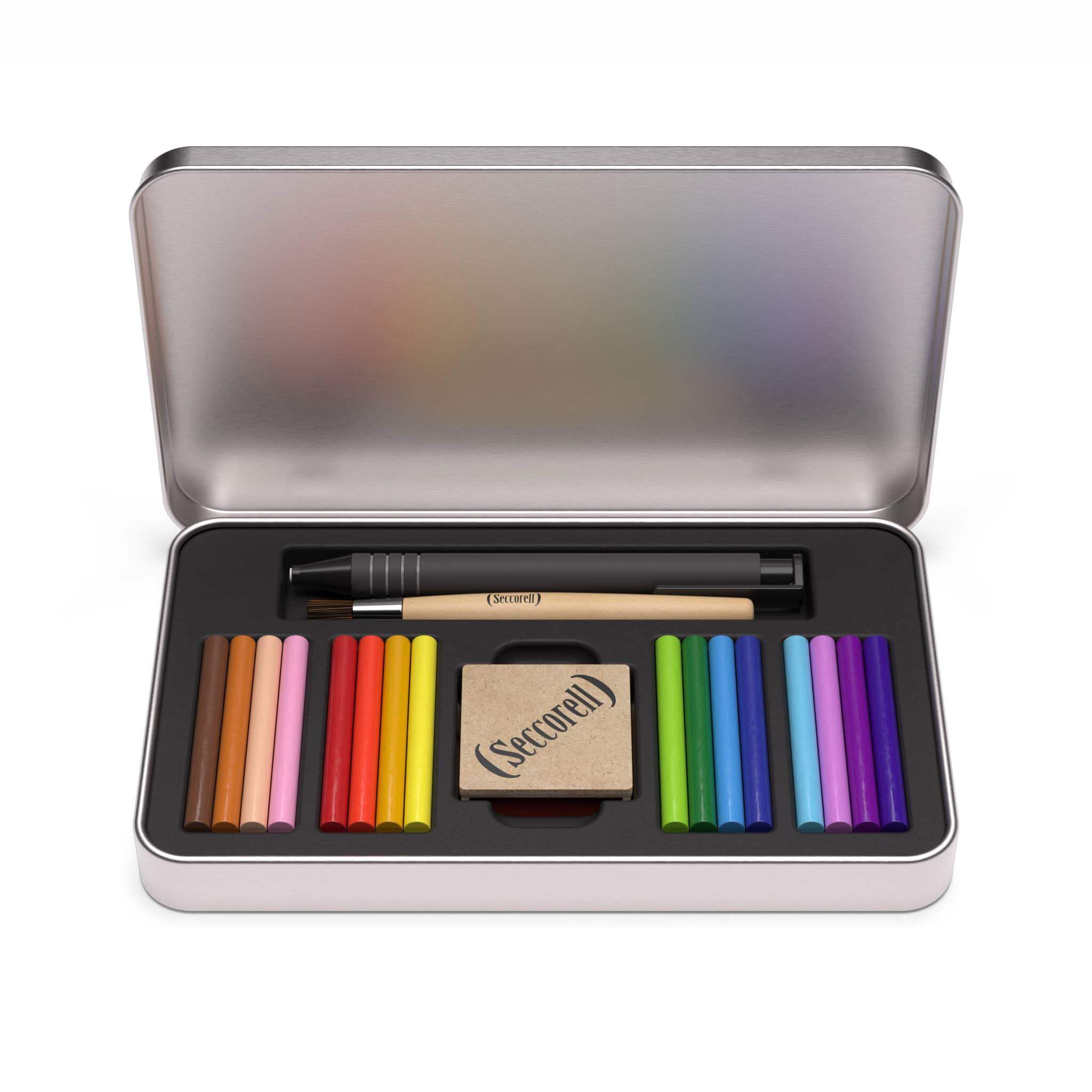Chroma: 16 Finger-Wischmalfarben in stabiler Metallbox | 16 Farbstäbchen, Reibeblock, Reinigungsbürste & Radierminenhalter. Inneneinsatz für sicheren Transport für Schule & Zuhause.