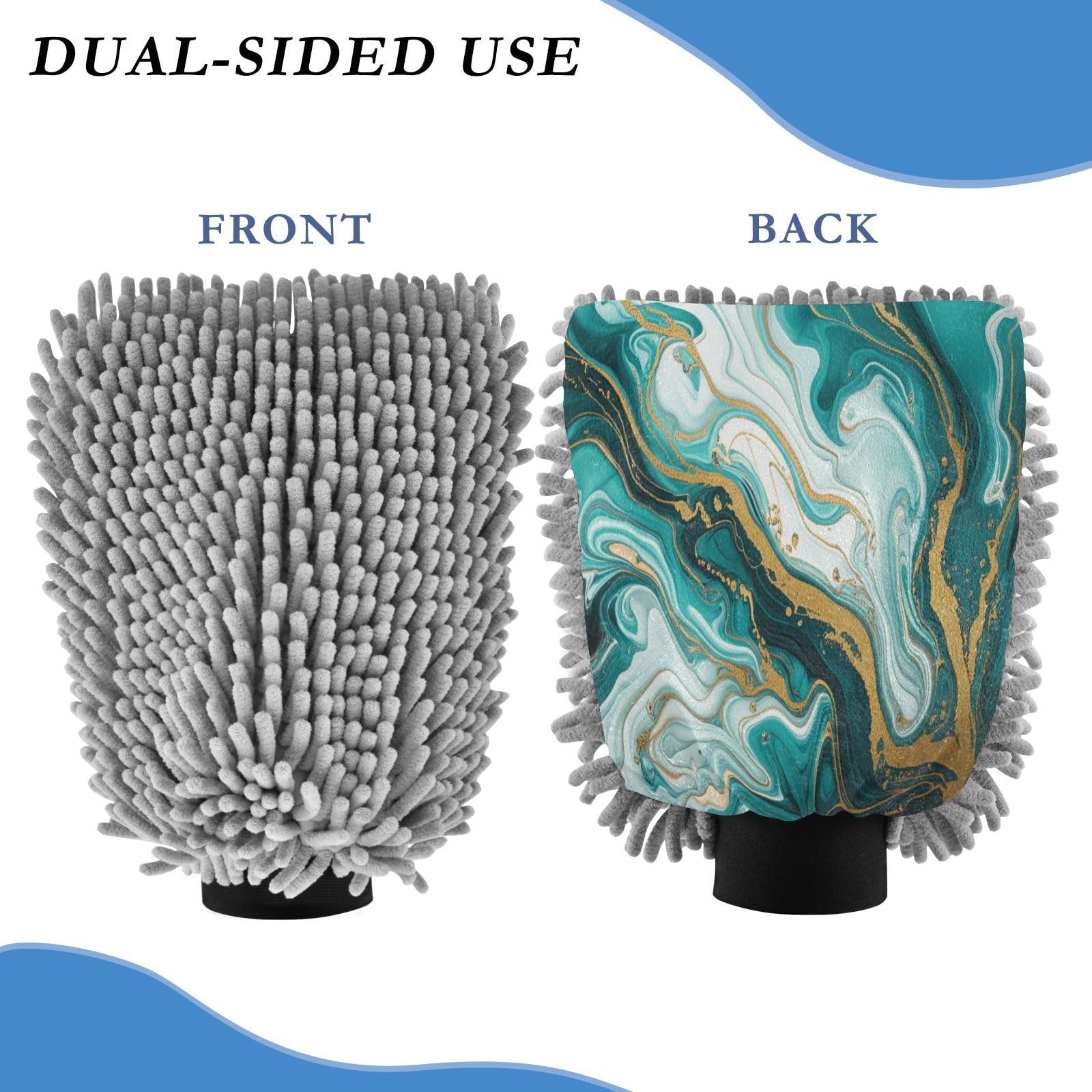 STAYTOP Beautiful Blue Gold Marble Car Wash Mitt Microfiber, 2Pcs Scratch Free Lint-Free, Premium Chenille Microfiber Mitt Car Wash Brush-L