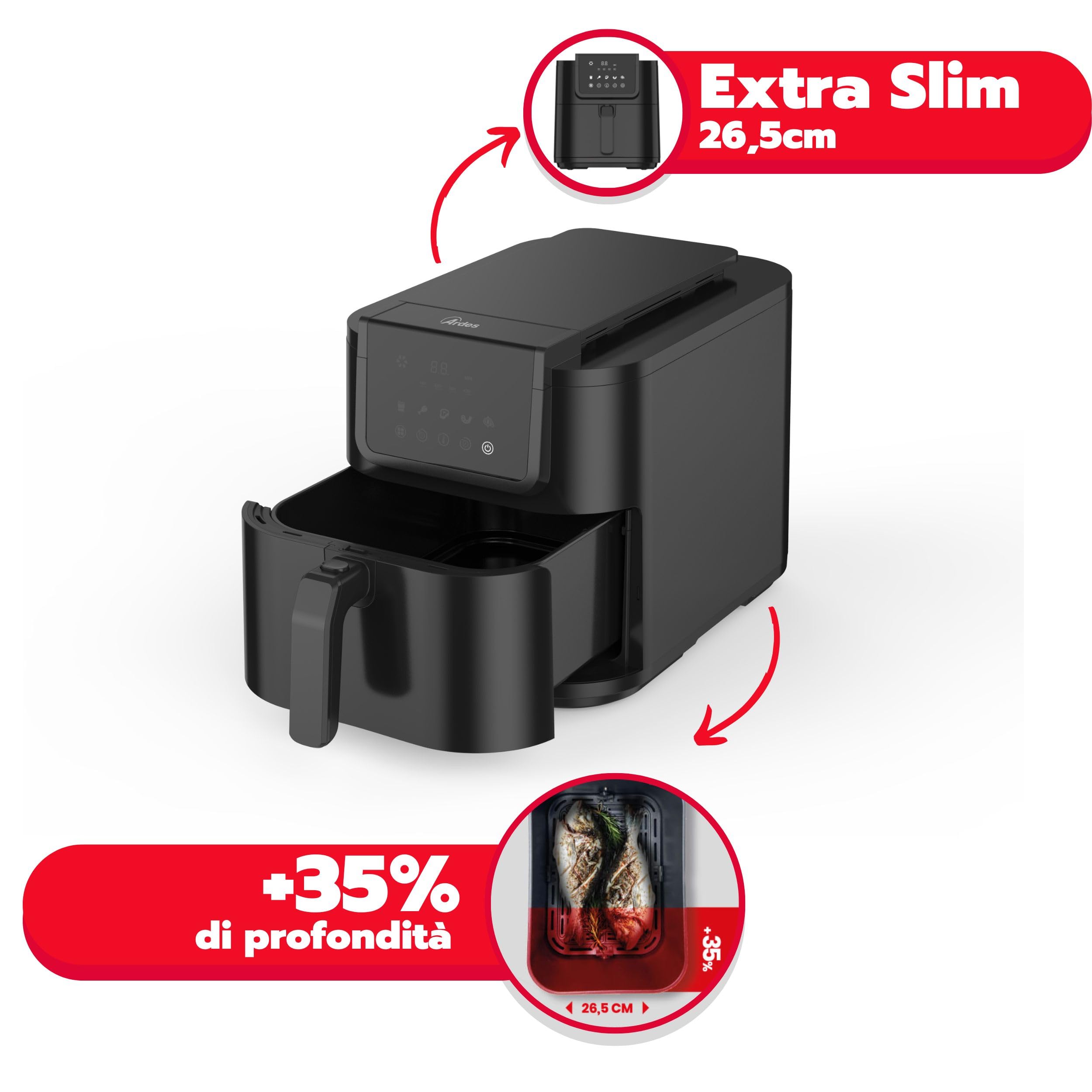 ARDES - ARFRYA05L Friggitrice Ad Aria FRIGGISANA INFINITY 8L - Friggitrice Ad Aria Slim Cavità XL Super Profonda in Metallo Capacità 8 Litri - AirFryer con Display Digitale Touch e Timer 60'