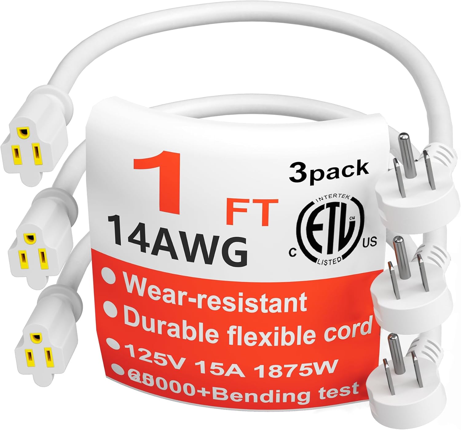 HUANCHAIN 14 Gauge 15 FT (2PACK) Flat Plug Extension Cord Black Indoor Outdoor, Heavy Duty 3 Prong Grounded Low Profile Extension Wire Flexible, 15A 1875W 125V 14AWG SJTW, ETL Listed