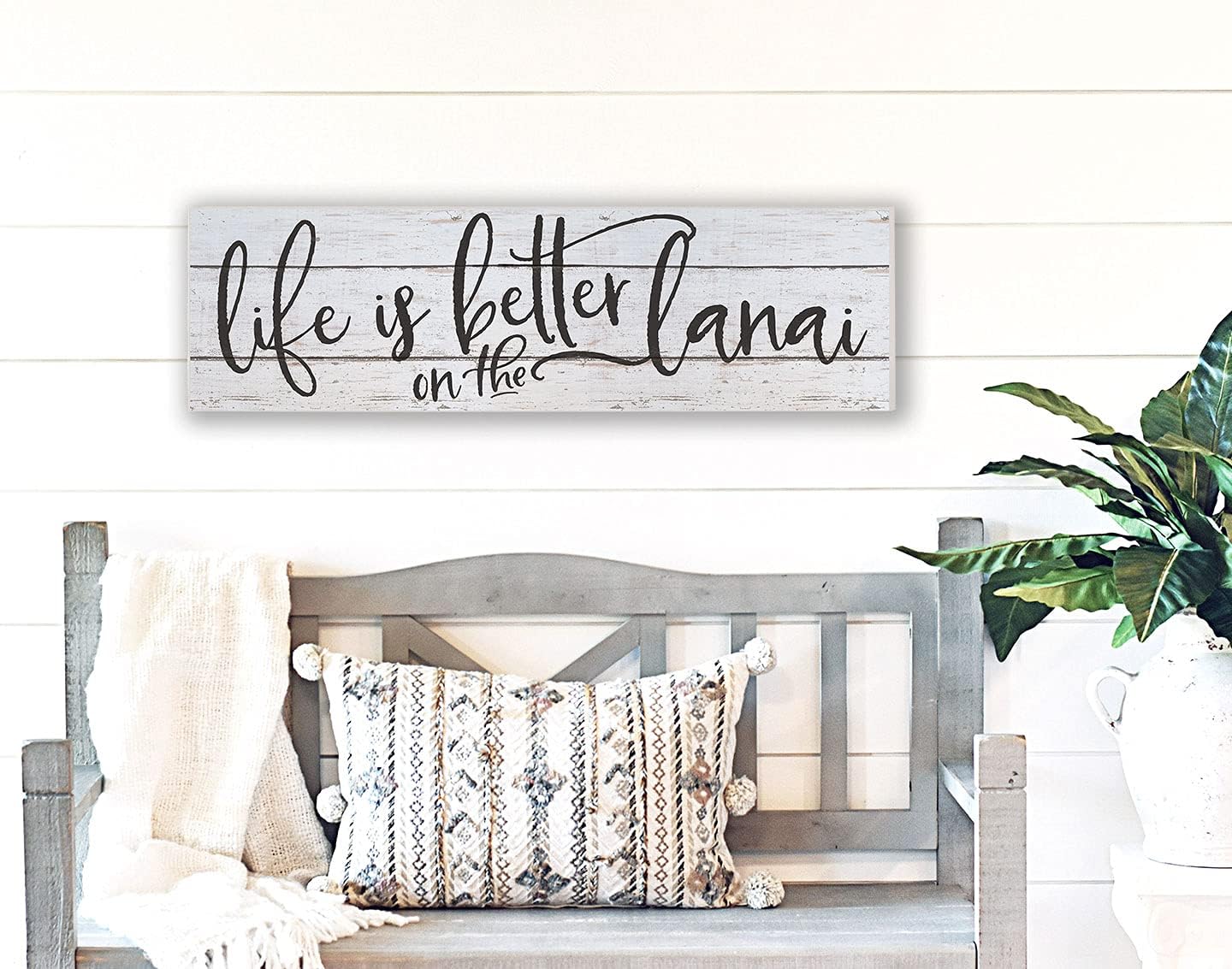 35"x10" Whitewash/Black Life is Better on Lanai Indoor Outdoor Sign, Team Color