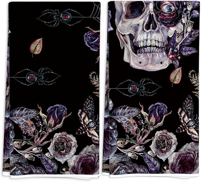 Gothic Halloween Kitchen Towels Set of 2,Gothic Skull Roses Dish Towels Goth Halloween Day of The Dead Decoration and Supplies for Home Kitchen Dining-18X26''