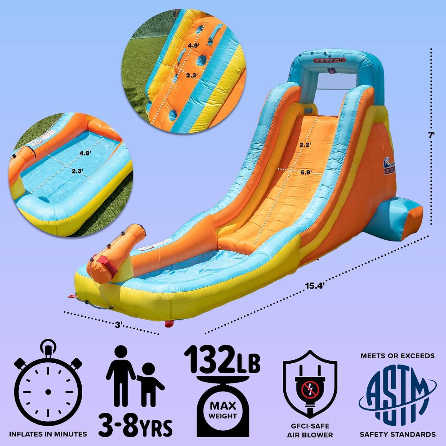 Sportspower My 1st Inflatable Water Slide with Splash Pool & Water Cannon, Large Outdoor Waterpark for Kids, Heavy Duty, ASTM Certified, on 400W Blower